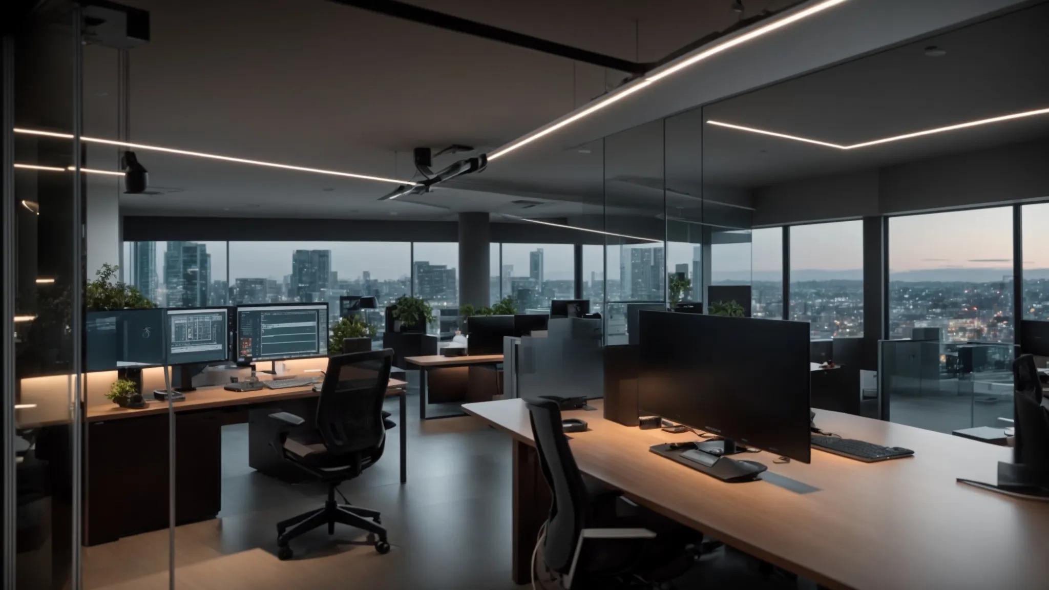 a sleek, modern office space features a sophisticated digital dashboard displaying real-time security metrics and training modules, illuminated by sharp overhead lighting to emphasize the importance of proactive digital security practices.