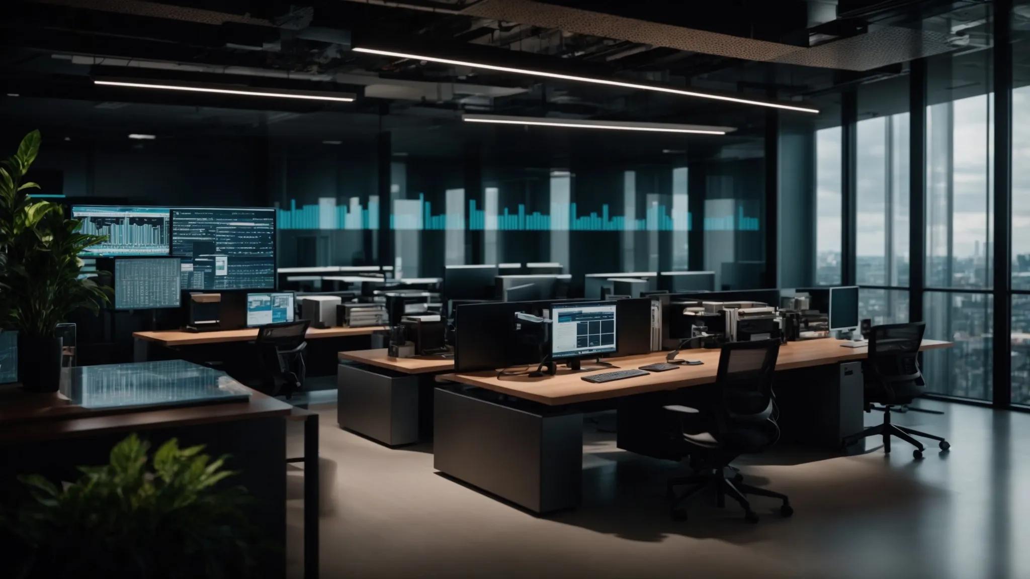 a sleek, modern office space features a high-tech workstation with multiple monitors displaying robust encryption codes and security analytics, underscored by a sophisticated security framework graphic, illustrating a comprehensive approach to data protection and privacy.
