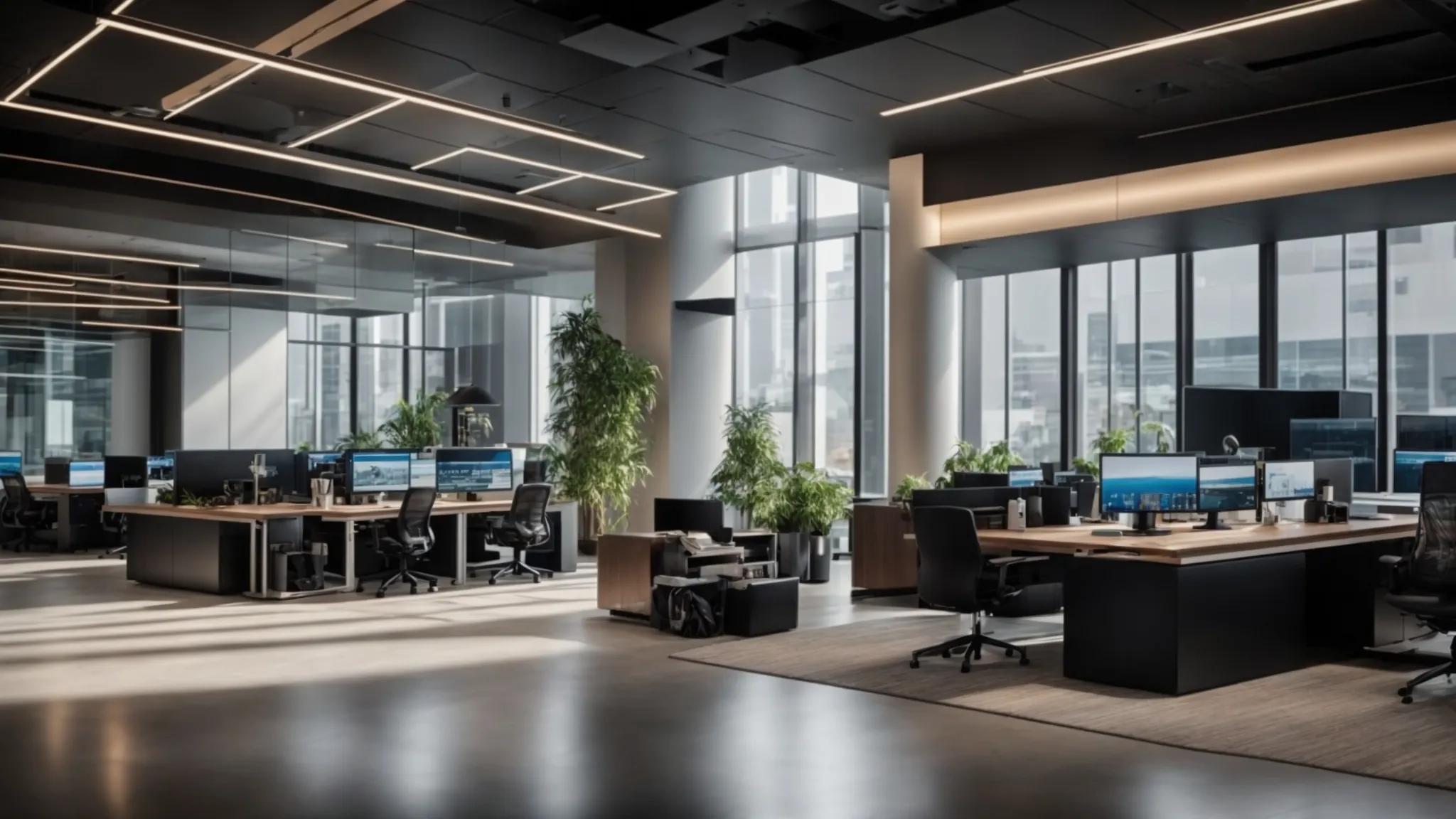 a sleek, modern office space features a high-tech workstation with dynamic security software displayed on multiple screens, emphasizing the importance of multi-factor authentication and role-based access control for safeguarding digital documents.