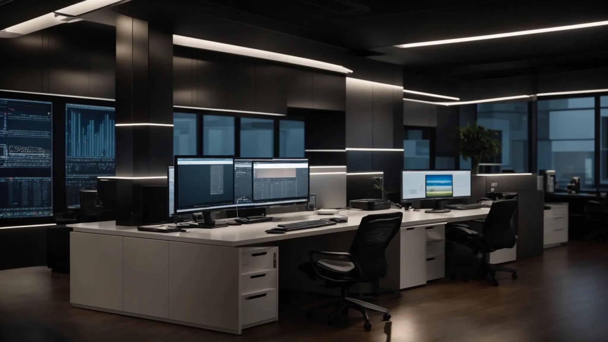 a sleek, modern office space features a computer monitor displaying a digital cloud storage interface, surrounded by neatly organized files symbolizing secure management of critical personal and estate planning documents, with warm artificial lighting creating a sense of professionalism and trust.