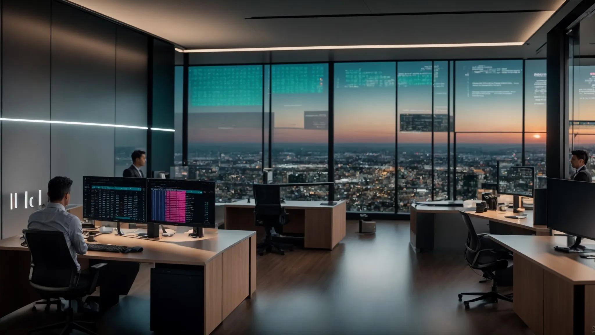 a sleek, modern office space features a large, high-resolution screen displaying a visually engaging encryption comparison table, with vibrant colors and clear data points, capturing the attention of focused professionals discussing security benefits.
