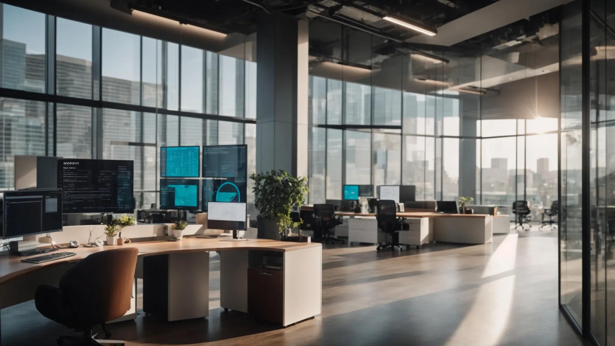 a sleek, modern office space features a large digital display showcasing a vibrant comparison table of cloud document storage providers, highlighting key security features and best use cases with bold graphics and sharp typography.
