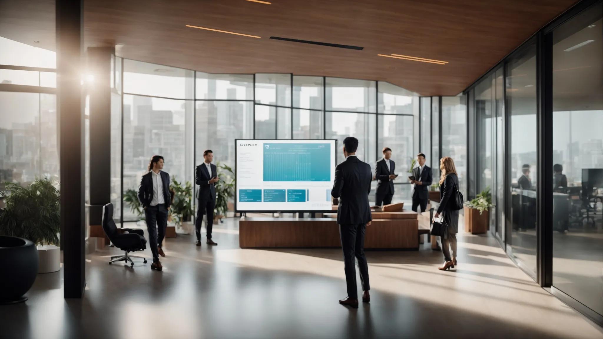a sleek, modern office space features a large digital screen displaying biometric authentication processes, alongside a diverse group of professionals engaging in a secure document collaboration, highlighting advanced access control measures.