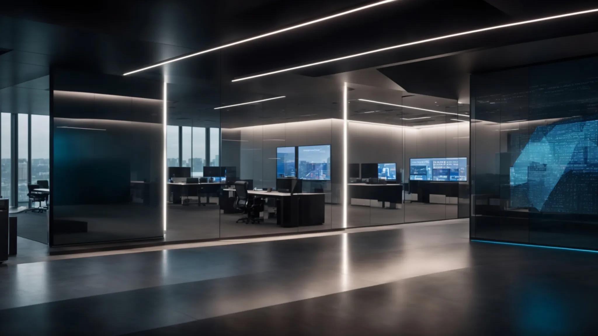 a sleek, modern office space features a large digital display showcasing futuristic security technology and data encryption processes, emphasizing the evolution of secure online document storage.