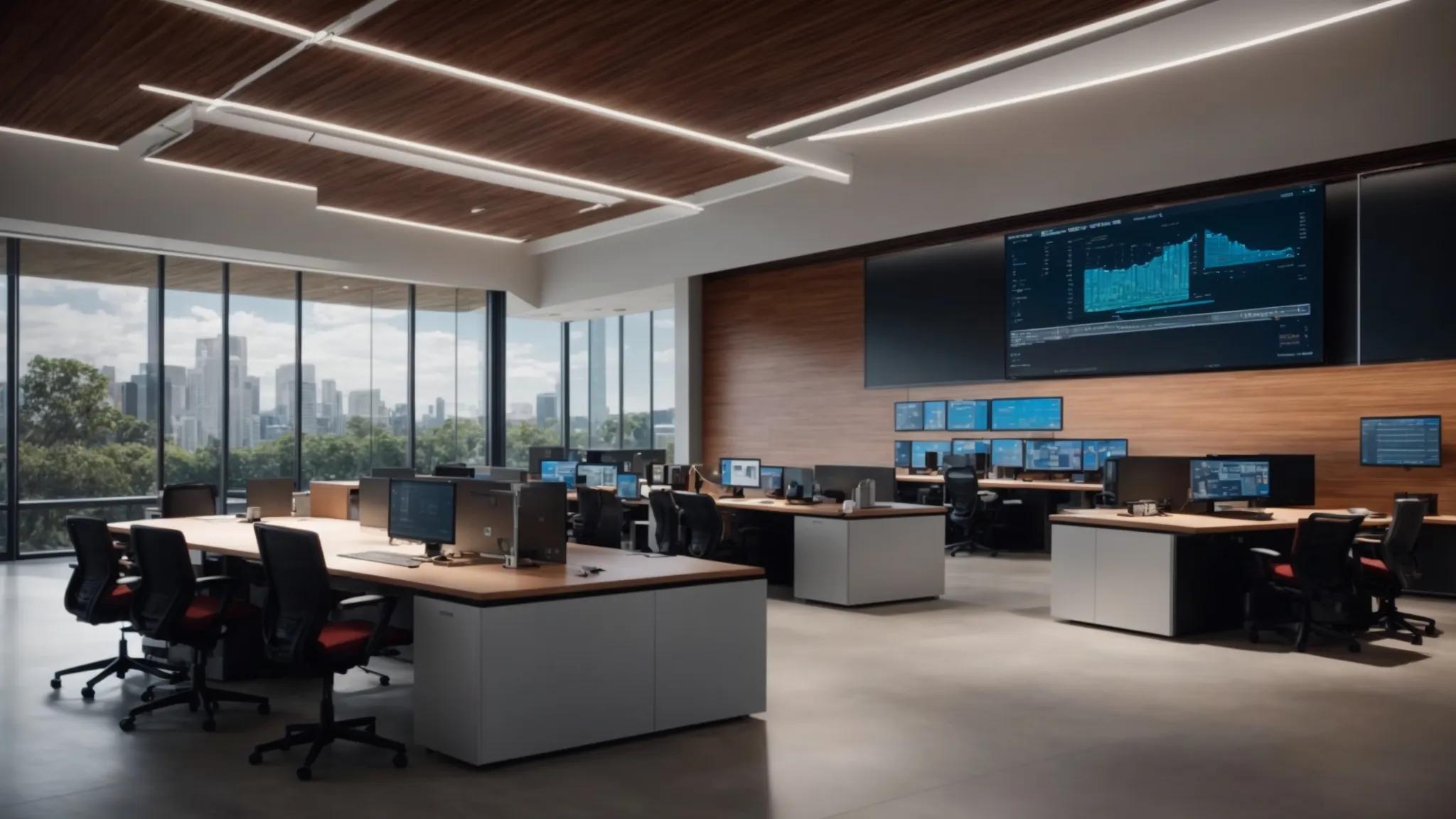 a sleek, modern office space features a large digital screen displaying dynamic infographics on hybrid backup strategies and document security, illuminated by soft, focused lighting that enhances the high-tech ambiance.