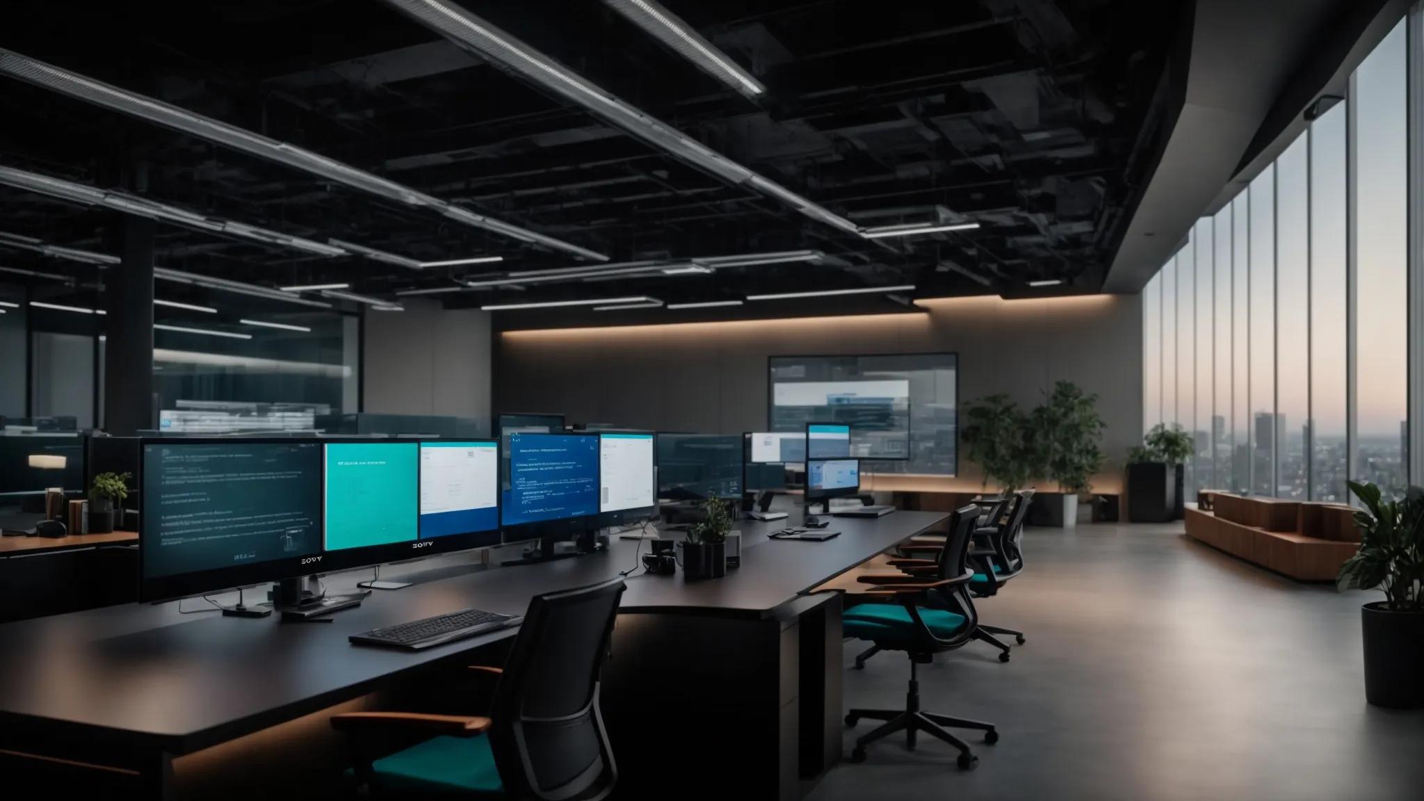 a sleek, modern office space featuring a large digital screen displaying a secure document management system interface, with advanced security elements like biometric scanners and encrypted data visuals subtly integrated into the design, emphasizing the theme of technology enhancing secure document storage compliance.