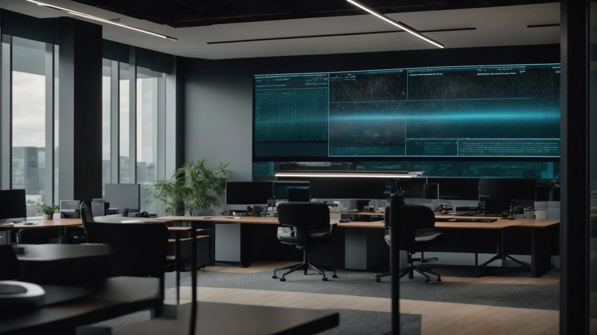 a sleek, modern office space featuring a large digital screen displaying complex encryption algorithms, alongside a secure workstation equipped with biometric authentication devices, emphasizing the importance of data protection in estate planning.