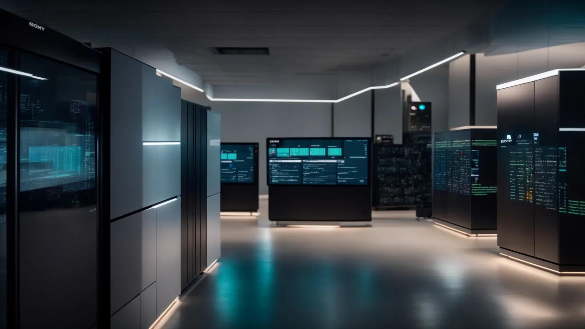 a sleek, modern office space featuring a digital display showcasing a hybrid backup strategy dashboard, with encrypted local storage devices beside server racks, illuminated by focused overhead lighting to emphasize the integration of technology and security in document protection.