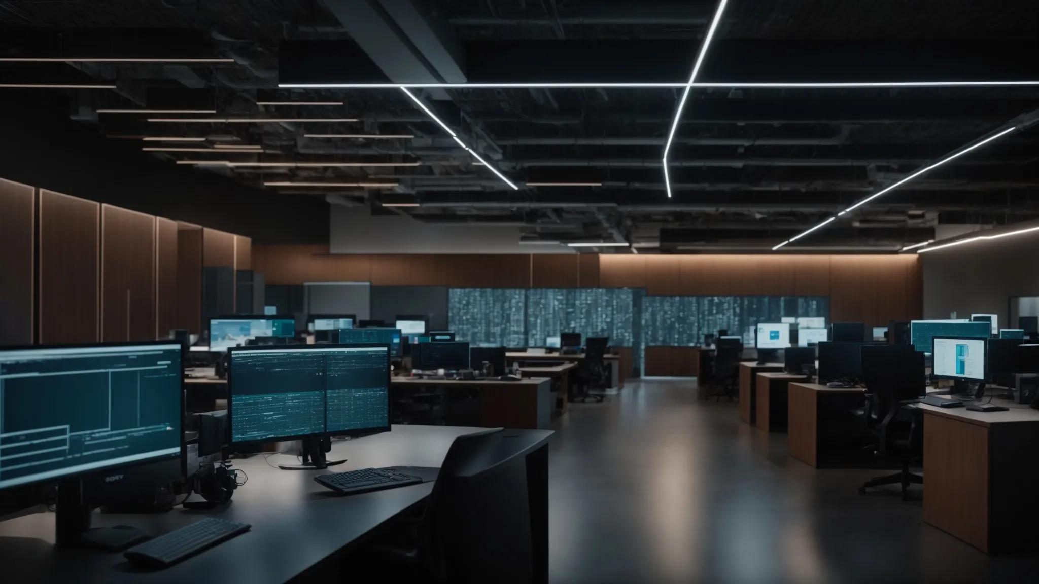 a sleek, modern office space filled with advanced technology displays data monitoring dashboards and biometric security devices, visually representing the evolution of document storage legislation amid the rise of ai-driven compliance and data portability trends.
