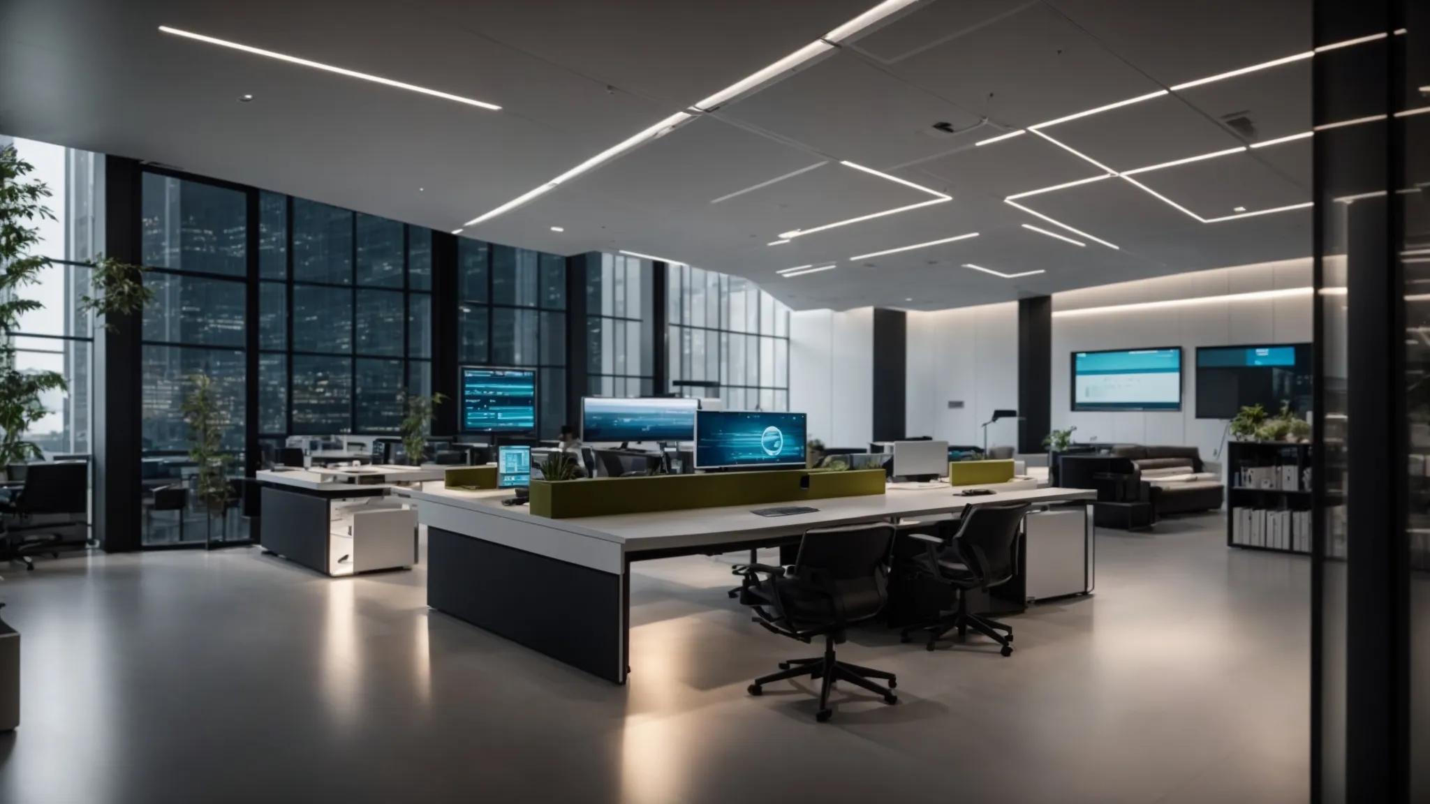 a sleek, modern office space illuminated by strategic artificial lighting showcases a high-tech document management system on multiple screens, emphasizing compliance with stringent data protection standards and futuristic technology integration such as ai and blockchain.