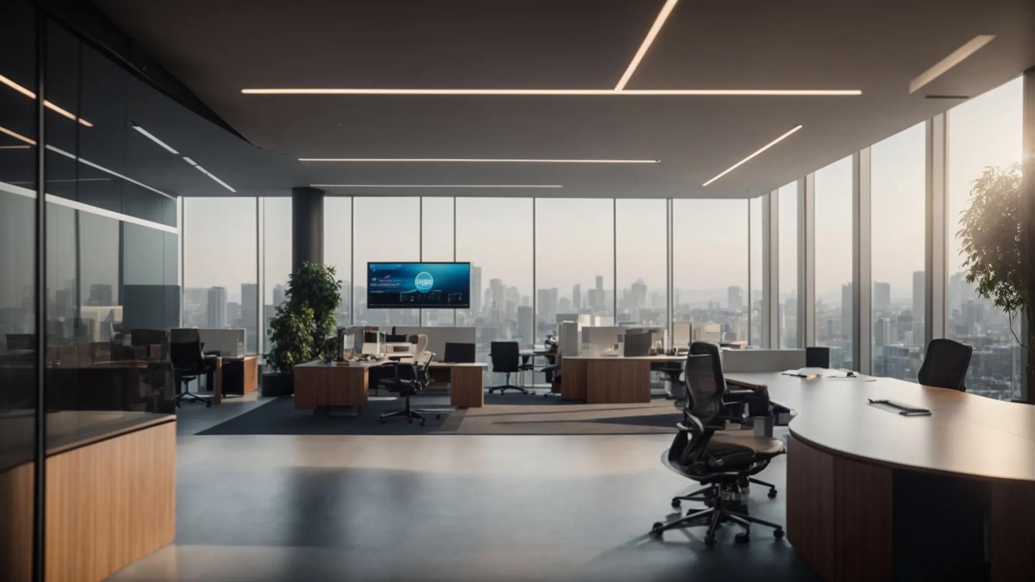 a sleek, modern office space showcases a high-tech digital dashboard displaying advanced security features like encryption and access controls, illustrating the sophistication of secure cloud storage solutions for protecting vital legacy documents.