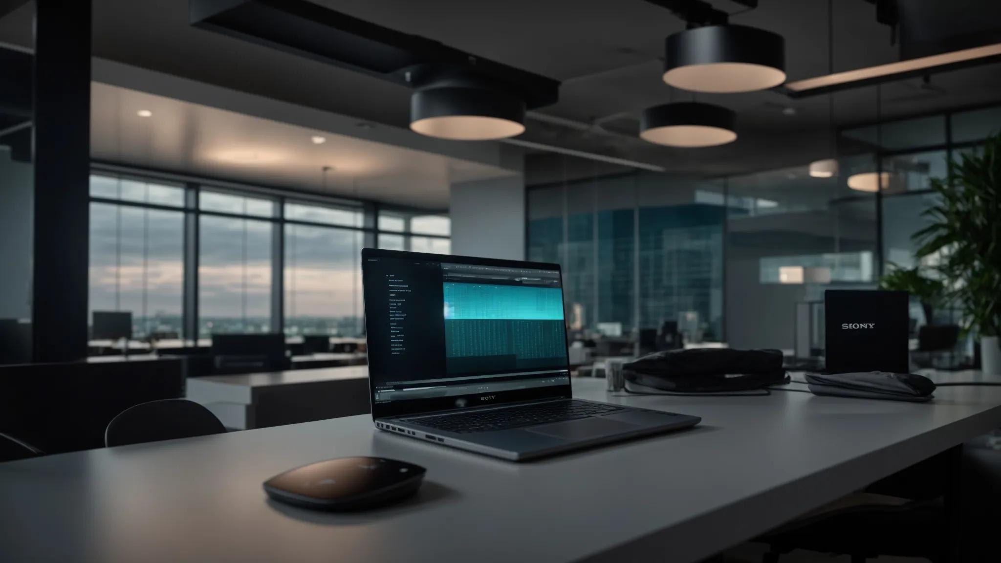 a sleek, modern office space showcases a glowing laptop screen displaying a detailed comparison table of encrypted cloud storage options, emphasizing advanced security features and user-friendly design elements against a backdrop of sophisticated technology.