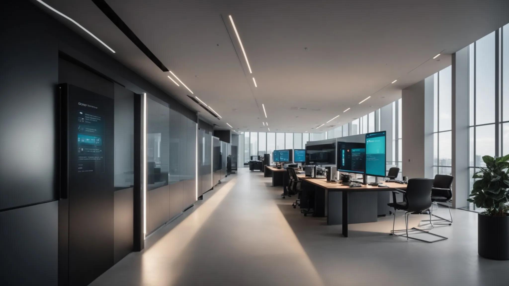 a sleek, modern office space showcases an innovative secure document storage system, featuring a high-tech screen displaying multi-factor authentication prompts alongside a sophisticated biometric scanner, emphasizing the importance of robust security measures in safeguarding sensitive information.