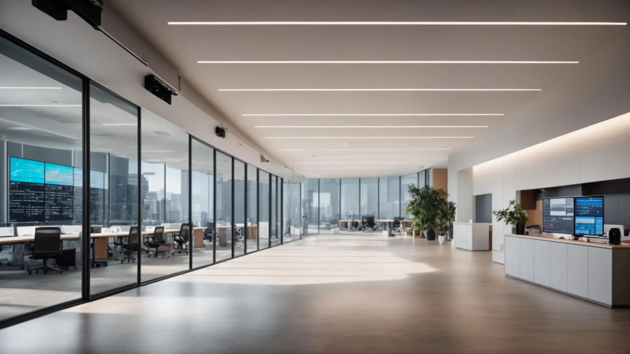 a sleek, modern office space showcases an array of digital screens displaying varying pricing structures and features of online document storage solutions, emphasizing the importance of security and collaboration in a tech-savvy environment.