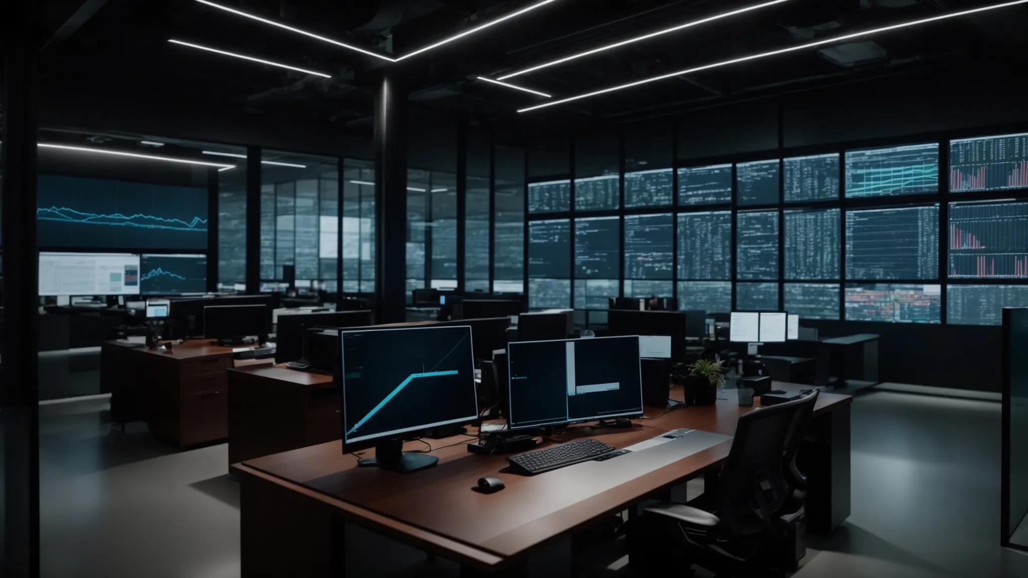 a sleek, modern office space showcases multiple high-resolution screens displaying complex data analytics and security monitoring graphs, reflecting the critical process of continuous document security auditing and reporting.
