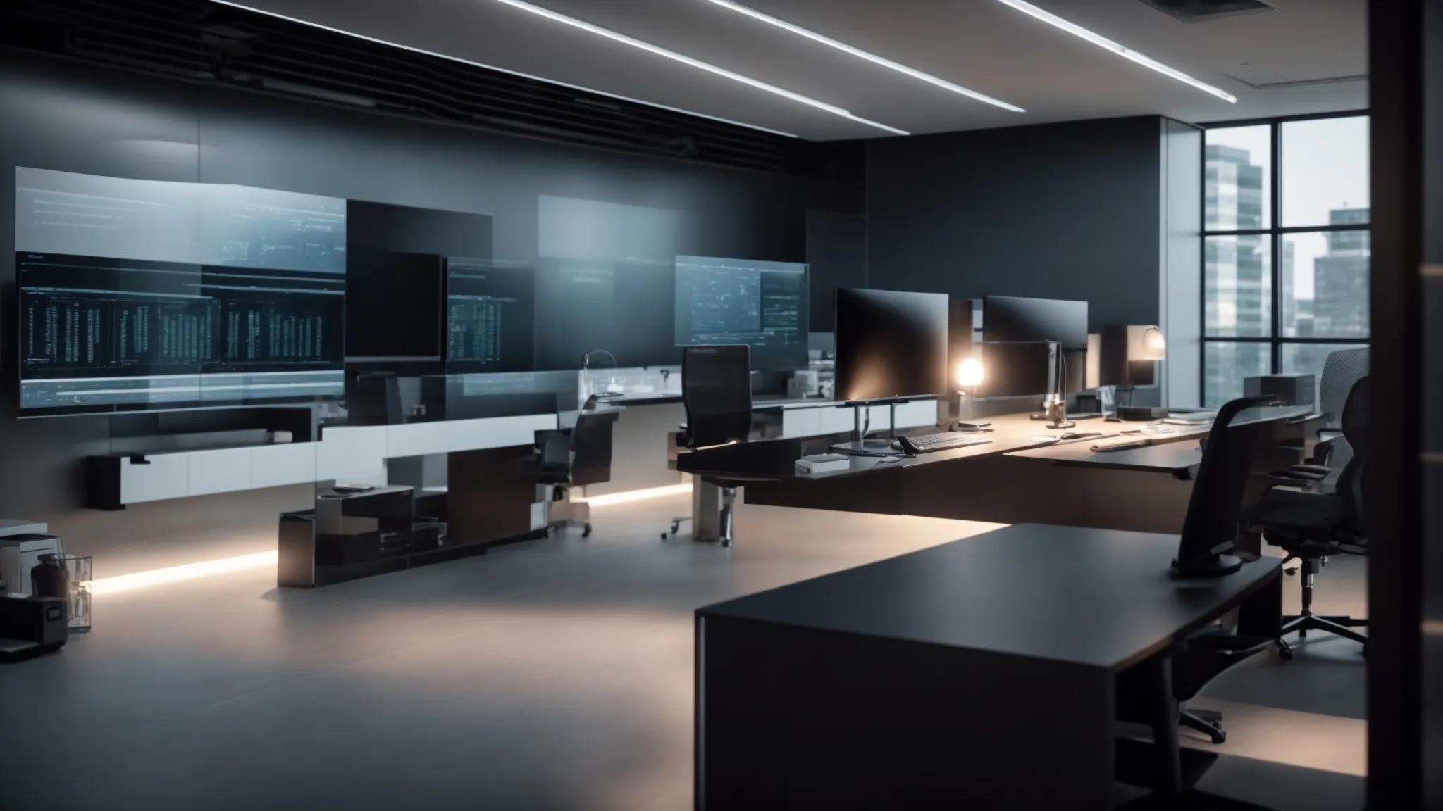 a sleek modern office with a high-tech computer setup displaying a secure cloud storage interface, illuminated by soft ambient lighting, conveying the theme of digital security and advanced technology for sensitive document protection.