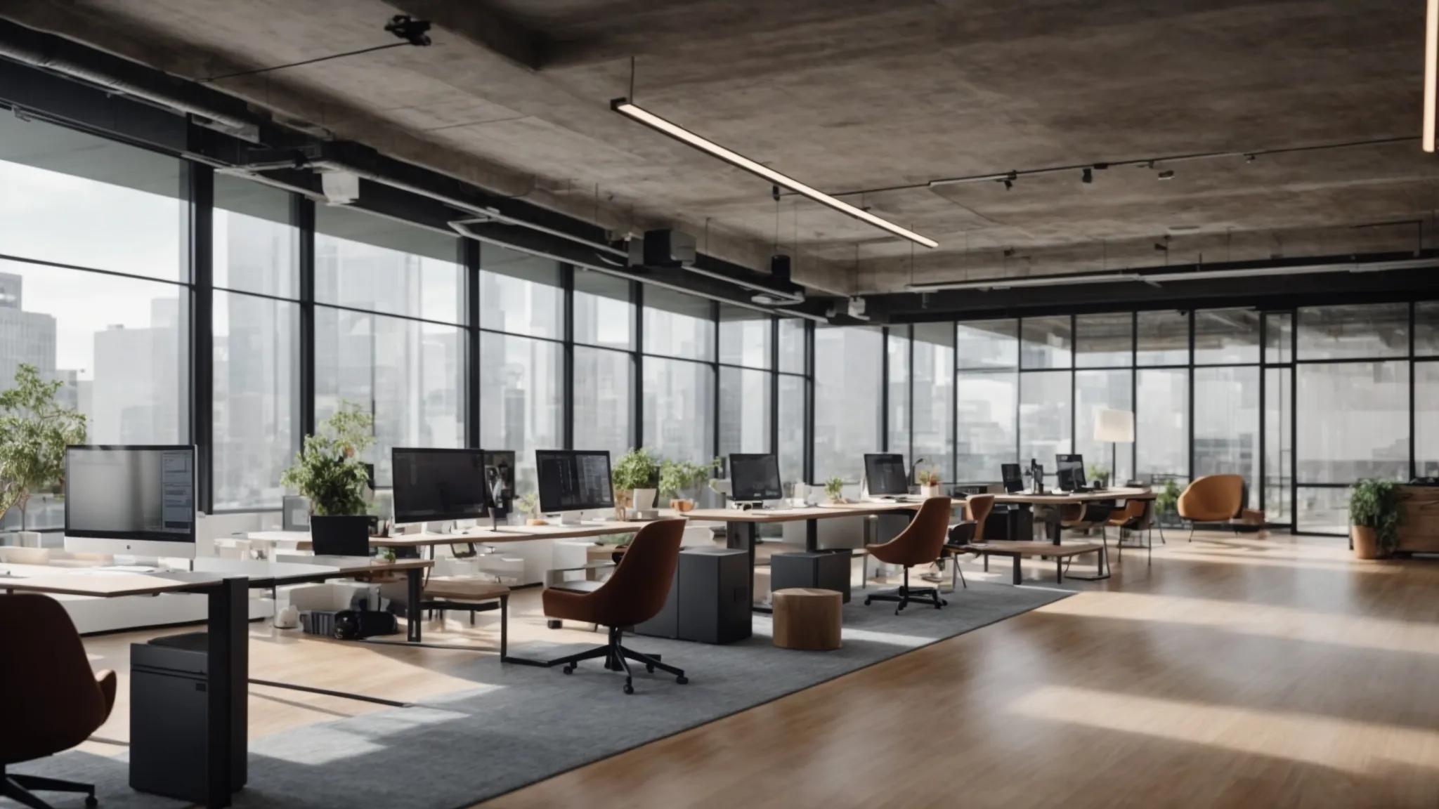a sleek, modern office workspace displays a large digital screen showcasing google drive's interface, featuring an animated visualization of ai-powered search results and real-time collaboration tools in action, illuminated by soft, professional lighting to emphasize the technology's efficiency and user-friendly design.