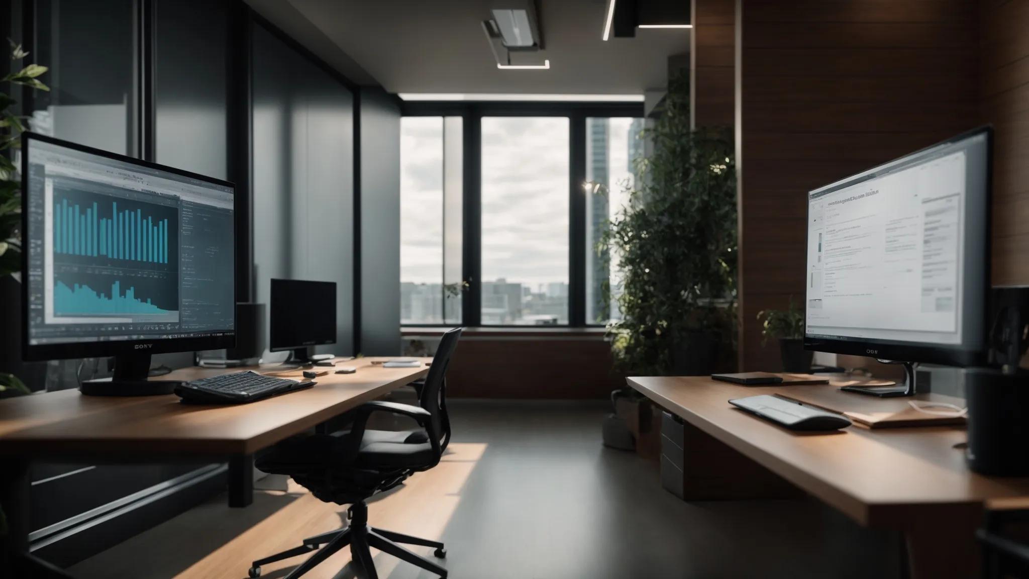 a sleek, modern office workspace features a computer displaying a secure document management system interface with visible encryption protocols, emphasizing cutting-edge technology and user-centric design in a professional and secure environment.