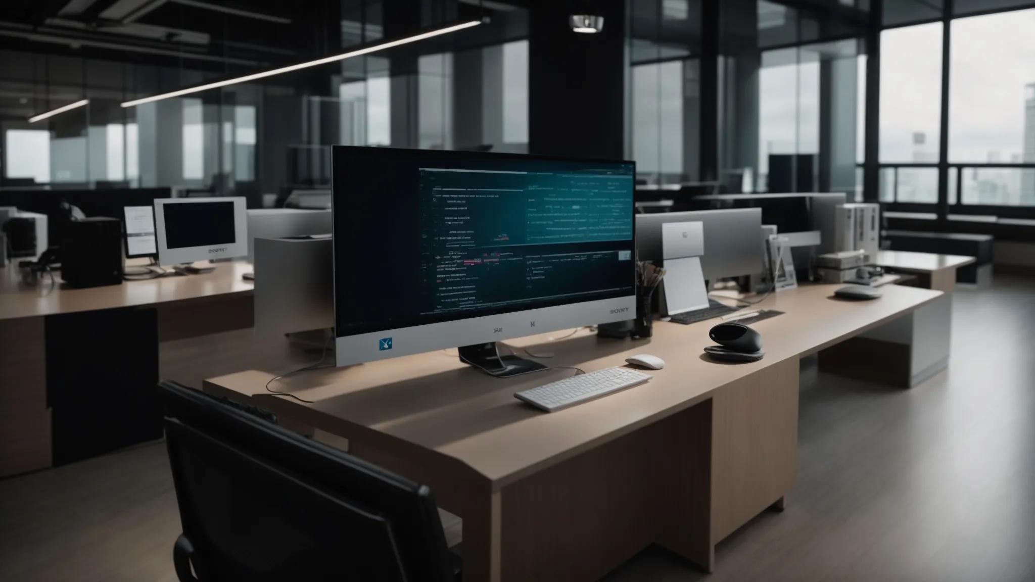 a sleek, modern office workspace features a high-tech computer displaying an intricate digital lock interface, symbolizing tresorit's cutting-edge zero-trust encryption technology for sensitive data protection.
