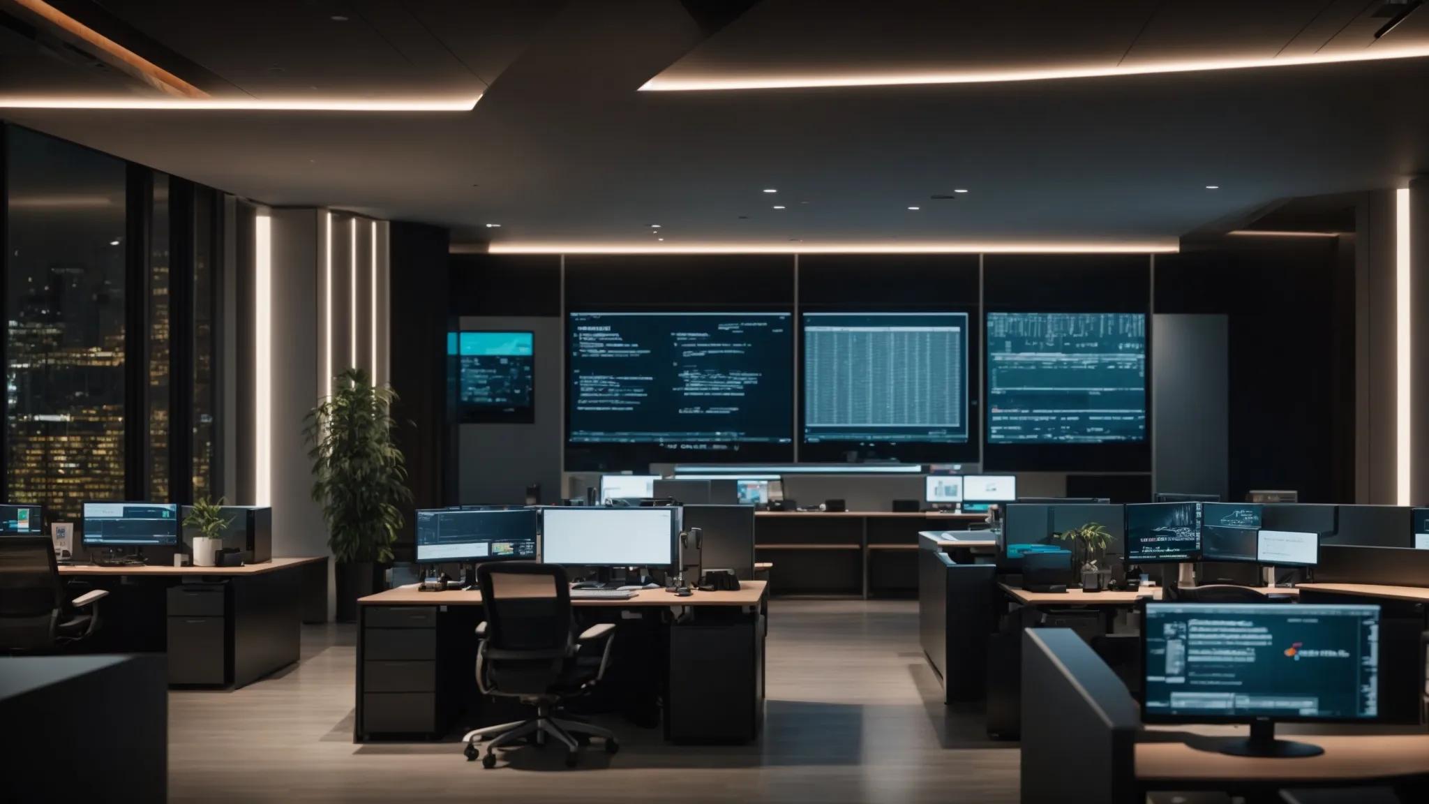 a sleek modern office workspace features digital screens displaying dynamic security analytics and user access control dashboards, emphasizing a culture of stringent cybersecurity practices and continuous monitoring.