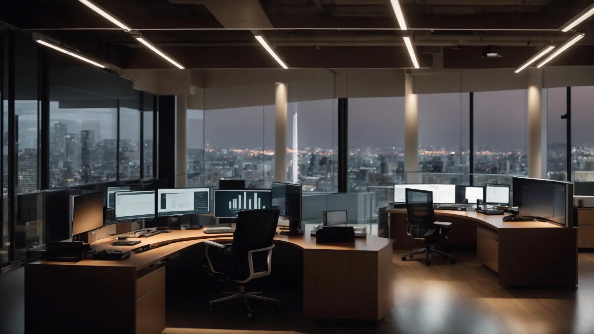 a sleek, modern office workspace features a sophisticated computer setup, where a well-organized digital document management system displays encrypted files, embodying the essence of security and confidentiality in estate planning.