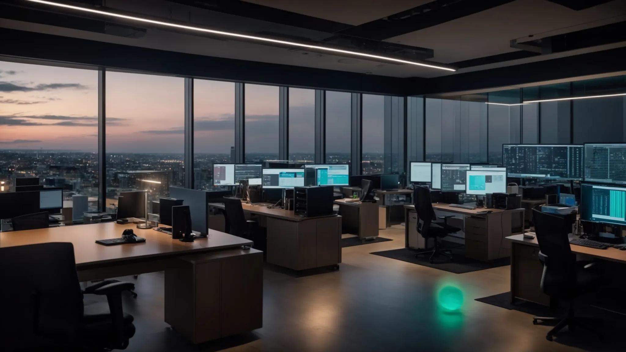 a sleek, modern office workspace features a high-tech secure document storage system, with glowing encryption indicators and digital audit trails displayed on sophisticated screens, symbolizing enhanced regulatory compliance and risk management.