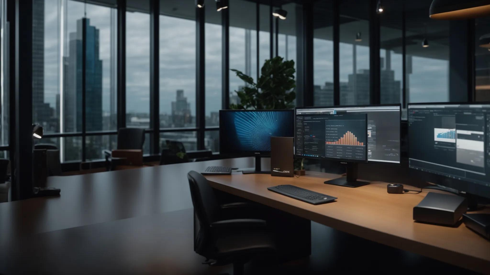 a sleek, modern office workspace features a computer displaying a secure encrypted cloud storage interface, with a prominent visual emphasis on a digital lock symbol and authentication options, highlighting the importance of robust cybersecurity practices in a professional setting.