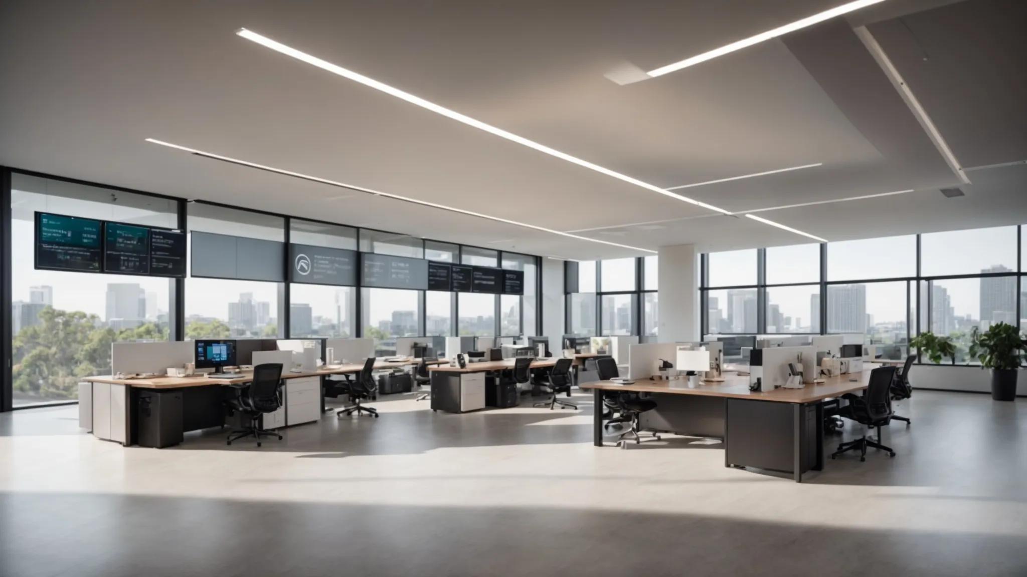 a sleek, modern office workspace features a high-tech dashboard displaying customizable security settings for digital documents, highlighting the tailored integration of user requirements with advanced security solutions.