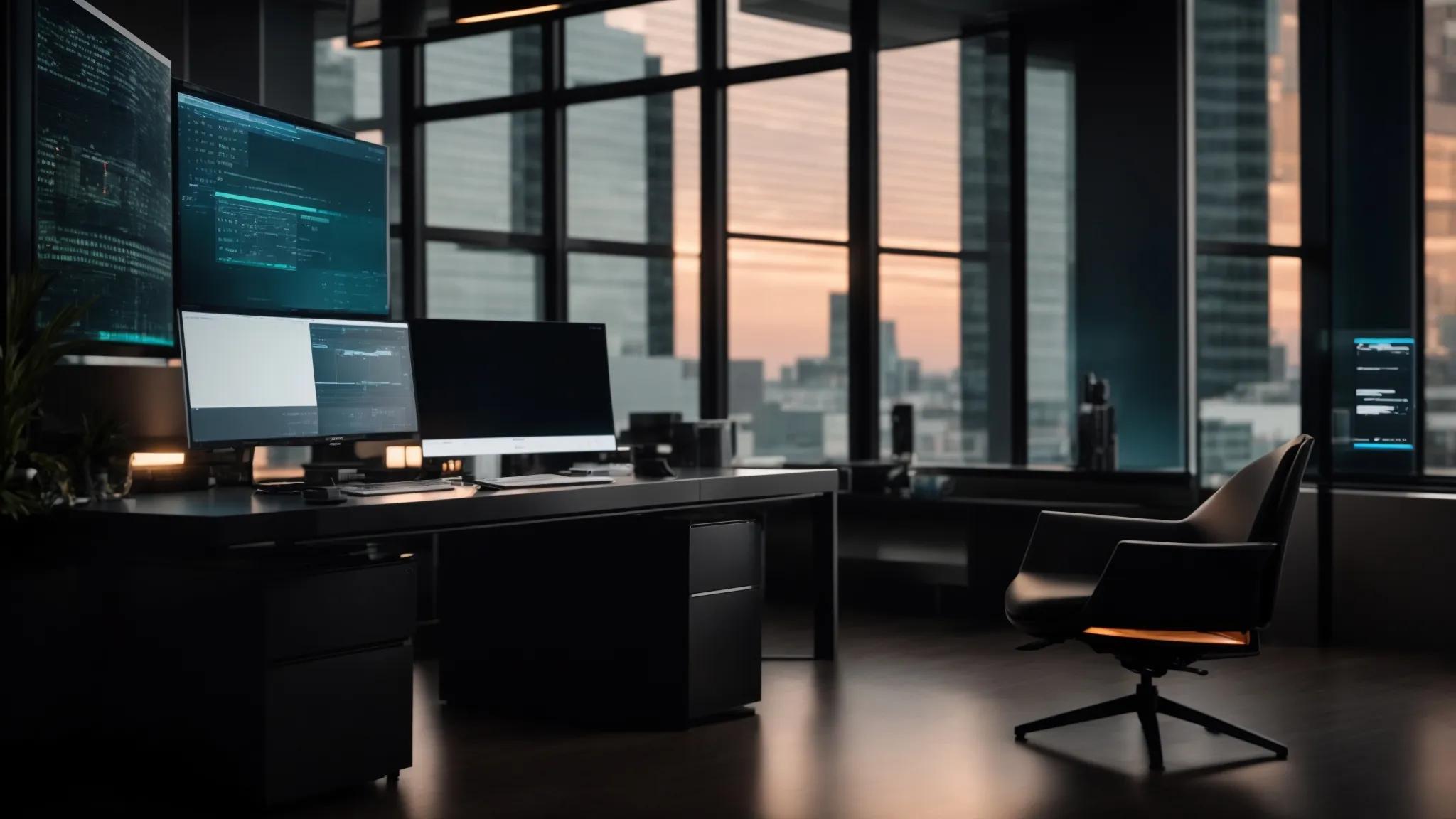 a sleek, modern office workspace features a high-tech computer displaying an engaging digital dashboard filled with graphs and icons representing advanced encryption methods and emerging technologies, casting a futuristic glow against a backdrop of stylish, minimalist decor.