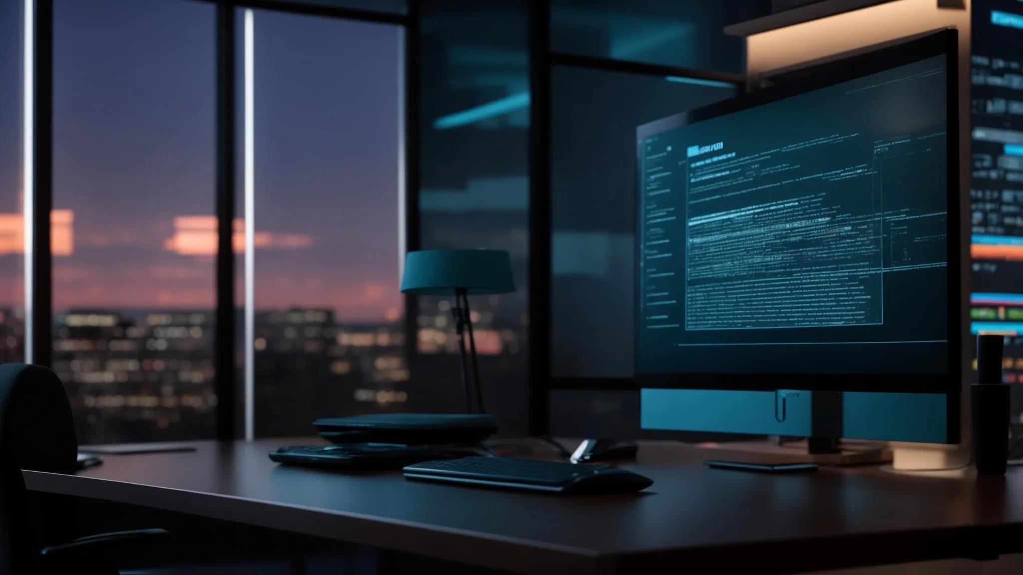 a sleek, modern office workspace features a high-tech computer screen displaying a vivid, graphical representation of advanced encryption protocols, set against a backdrop of minimalist decor and soft, focused lighting to emphasize data security in a digital age.