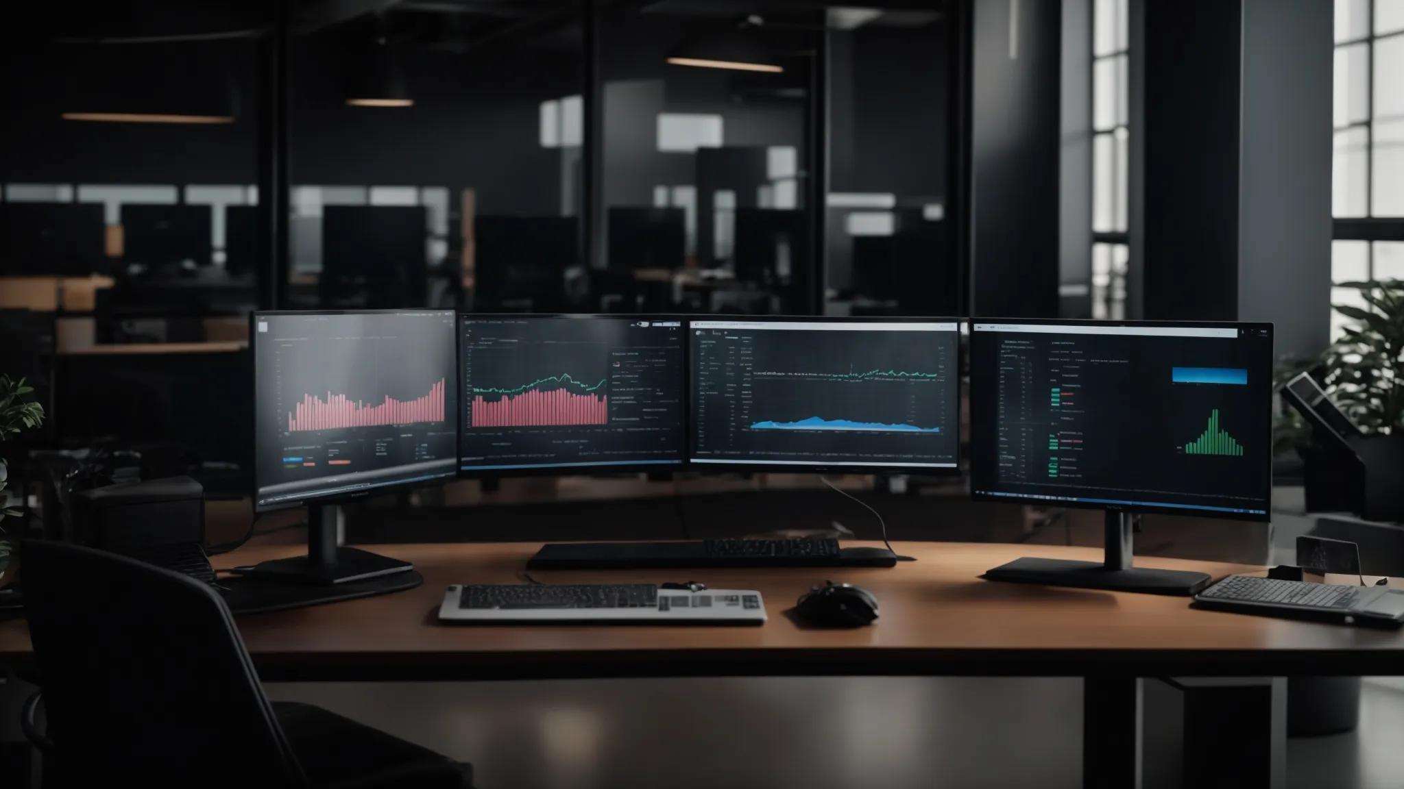 a sleek, modern office workspace features multiple computer screens displaying progress charts and backup status indicators, alongside external hard drives and cloud storage icons, emphasizing the importance of a comprehensive data backup regimen.