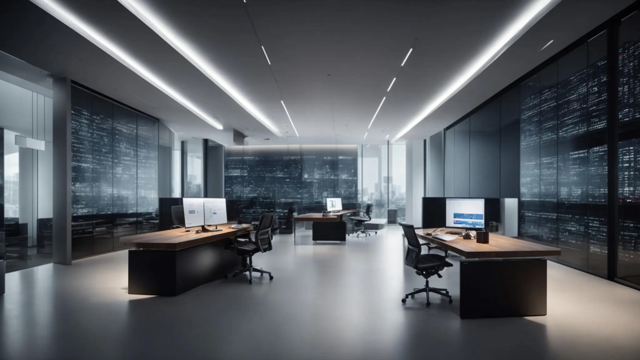 a sleek, modern office workspace features a high-tech digital archive system displaying encrypted files on vivid screens, encapsulating the essence of secure document storage compliance standards in a dynamic, professional atmosphere.