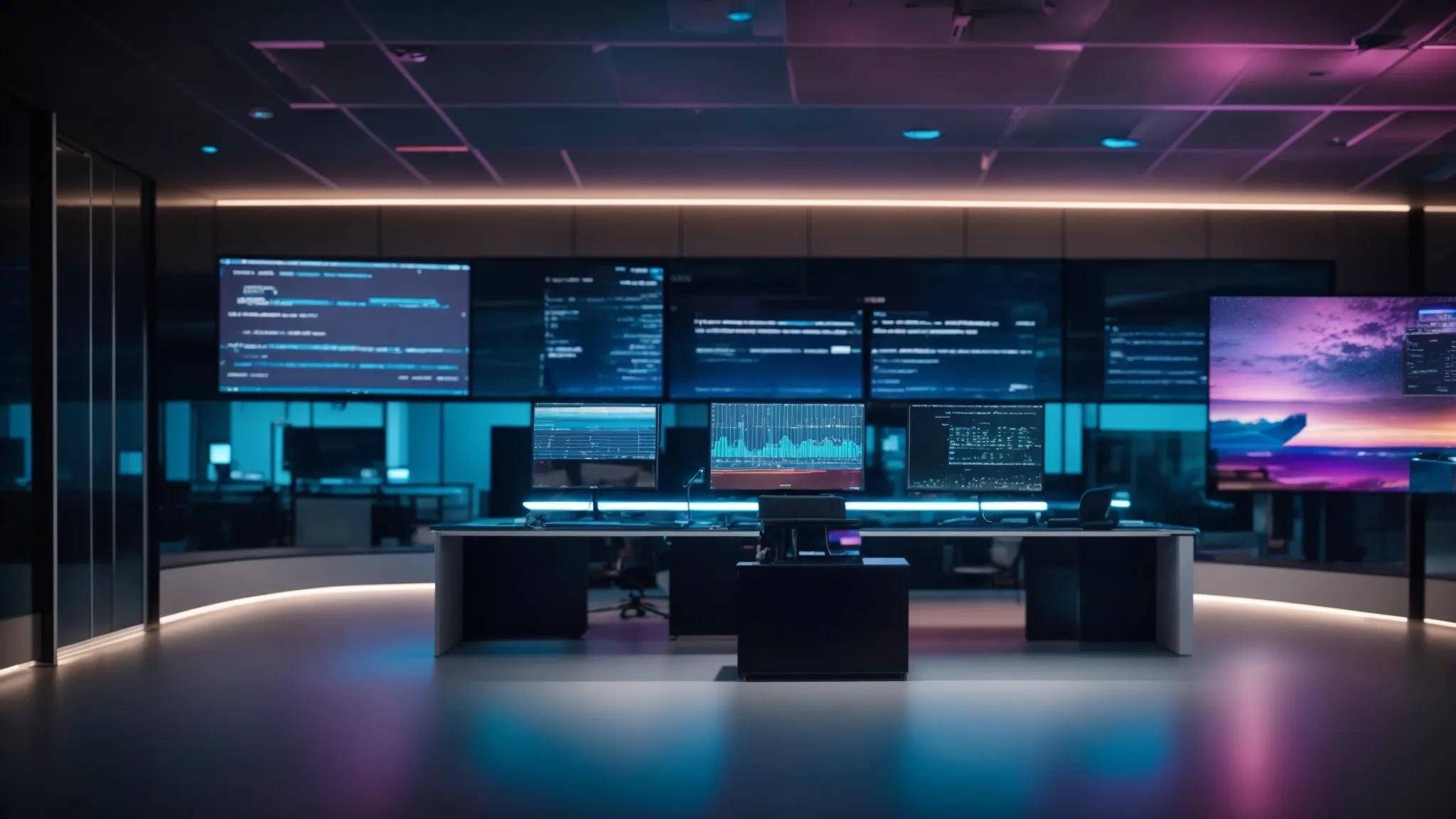 a sleek, modern office workspace features a high-tech computer displaying secure cloud storage interfaces, with vibrant abstract digital graphics symbolizing encryption and advanced cybersecurity measures looming in the background.