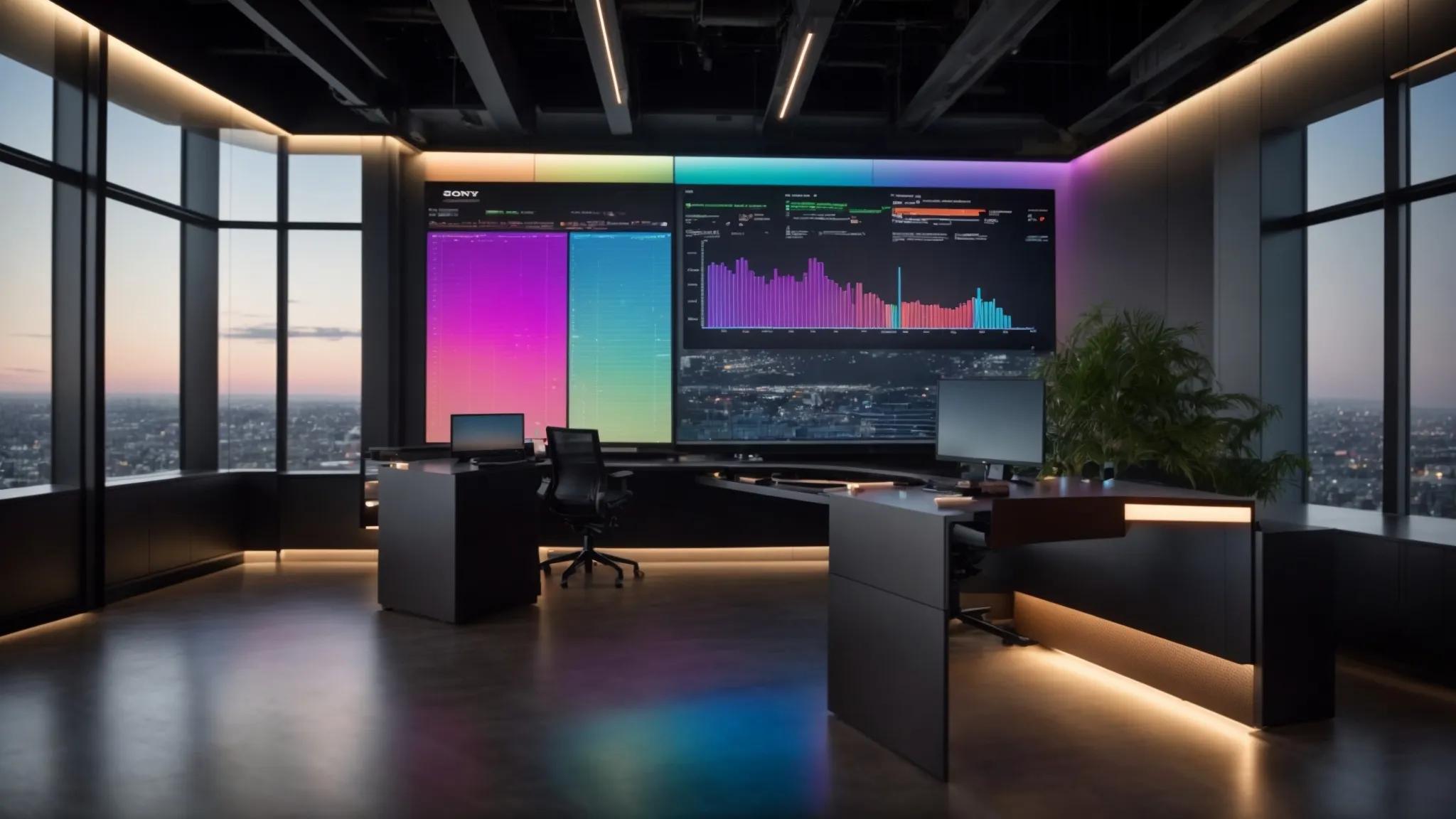 a sleek, modern office workspace features a high-tech digital screen displaying a colorful, detailed data comparison table of various backup strategies, illuminated by cool ambient lighting that accentuates the room's sophisticated atmosphere.