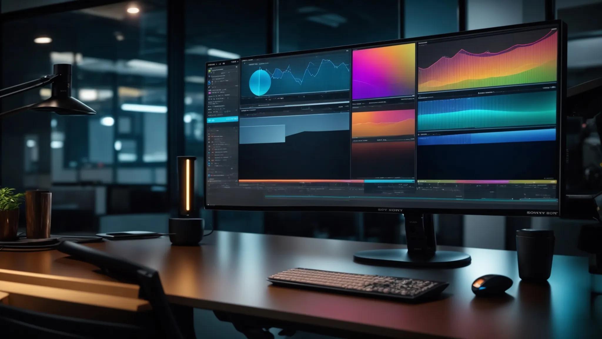 a sleek, modern office workspace features a high-tech computer screen displaying a colorful dashboard of online document storage solutions with advanced security metrics and intuitive user interfaces, illuminated by soft, ambient lighting.