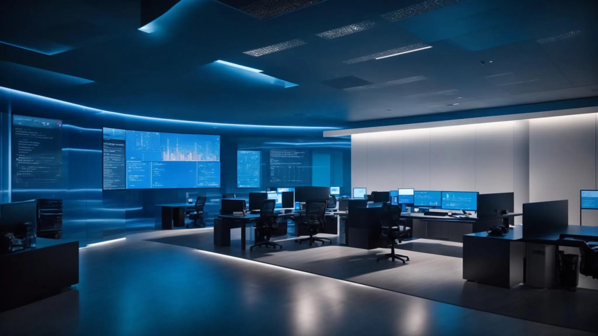a sleek, modern office workspace features a high-tech computer screen displaying encrypted document interfaces and cybersecurity elements, bathed in cool blue lighting that emphasizes the concepts of security and data protection.