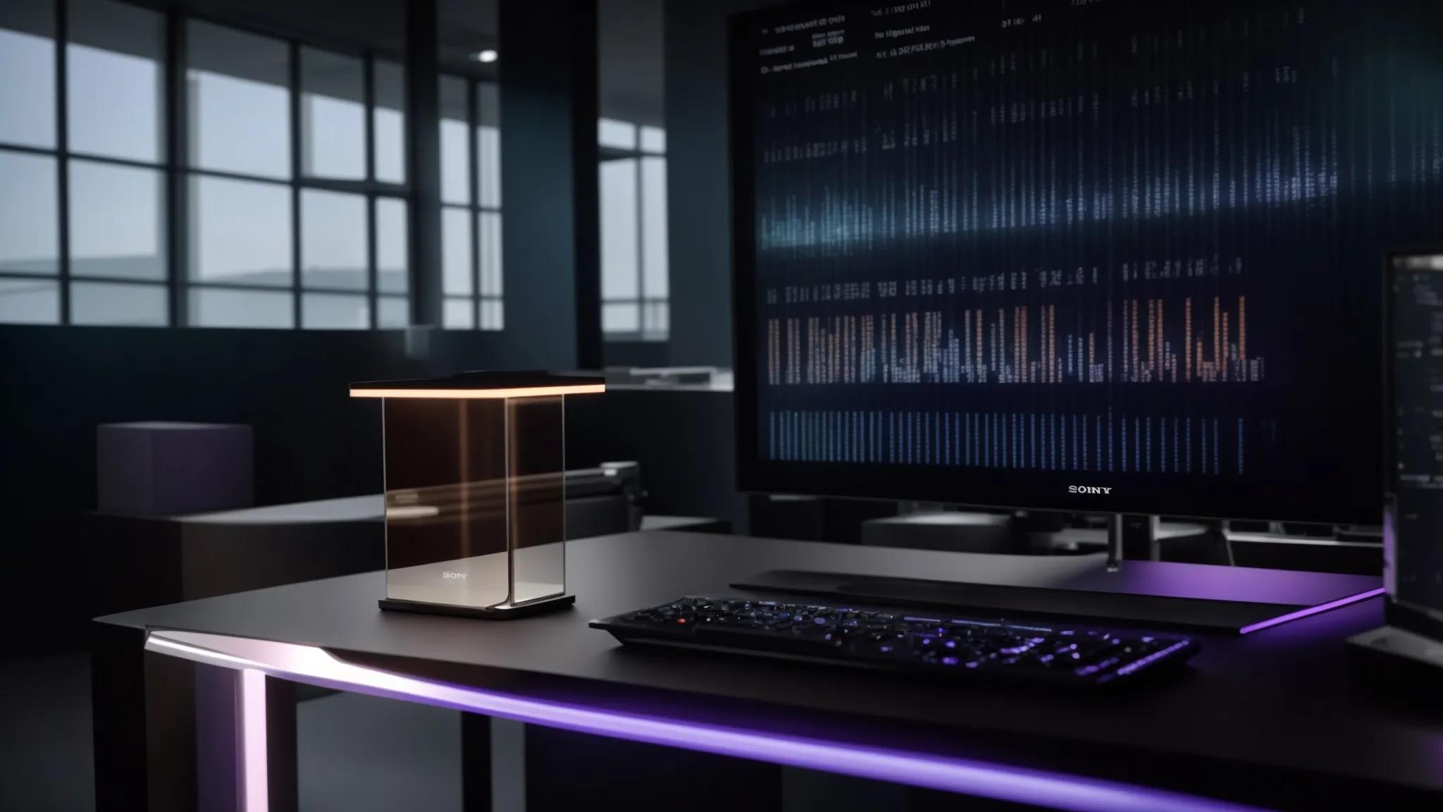 a sleek, modern office workspace features a securely locked digital storage system on a polished desk, with glowing encryption symbols projected on a nearby transparent screen, conveying the powerful message of advanced document protection and data integrity in the digital age.