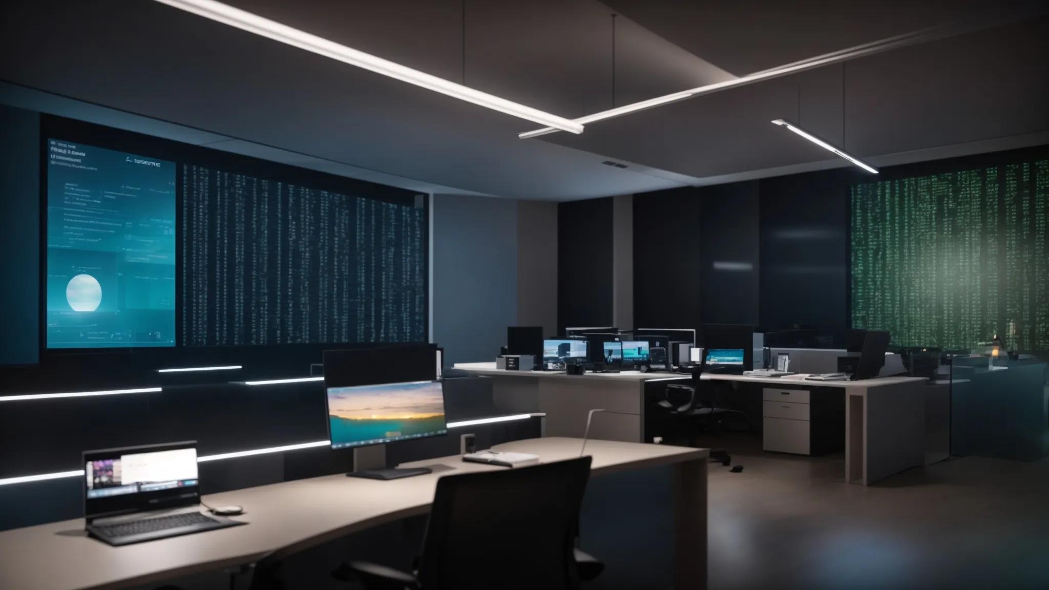 a sleek, modern office workspace features a glowing computer screen displaying encrypted digital documents, emphasizing the theme of secure online document storage with vibrant, ambient lighting that highlights the advanced technology and user-friendly interface.
