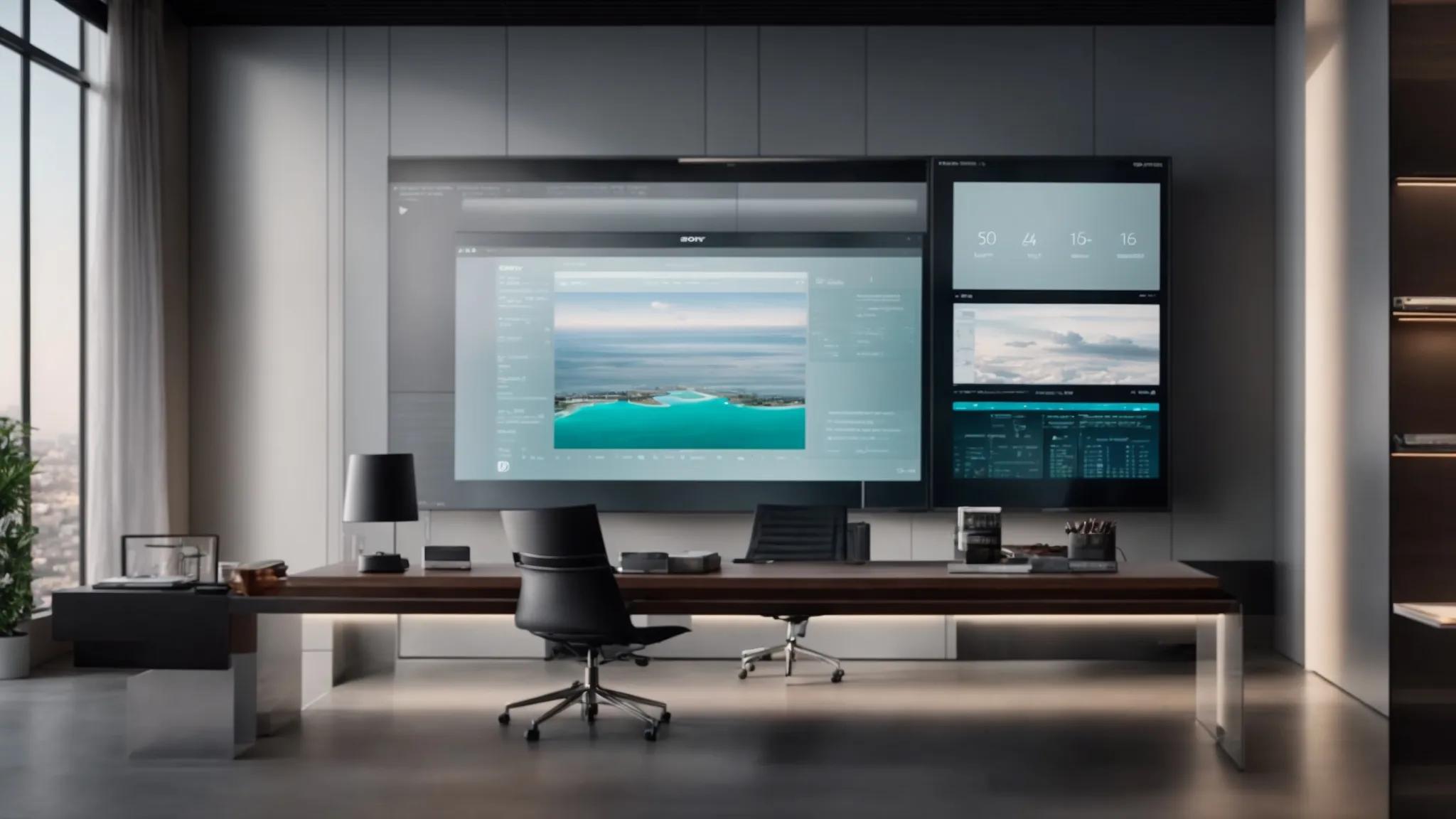 a sleek, modern office workspace features a digital display showcasing a secure cloud storage interface, with a professional planning document prominently visible, symbolizing the importance of safeguarding a family's digital legacy through advanced encryption.