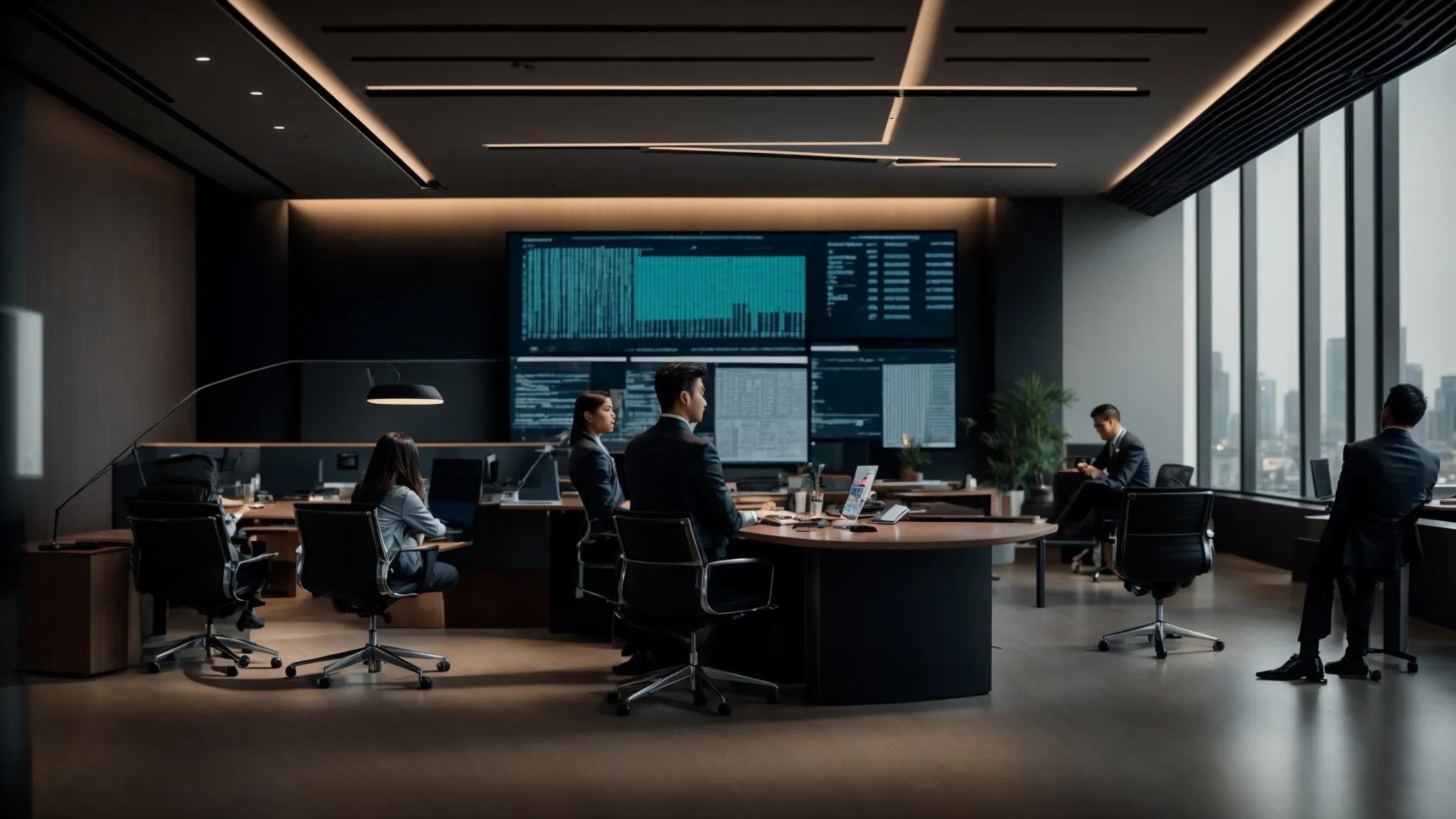 a sleek, modern office workspace features a large digital screen displaying regulatory compliance graphics, with professionals engaged in thoughtful discussion around a conference table illuminated by bright overhead lights, illustrating the critical intersection of law and data security.