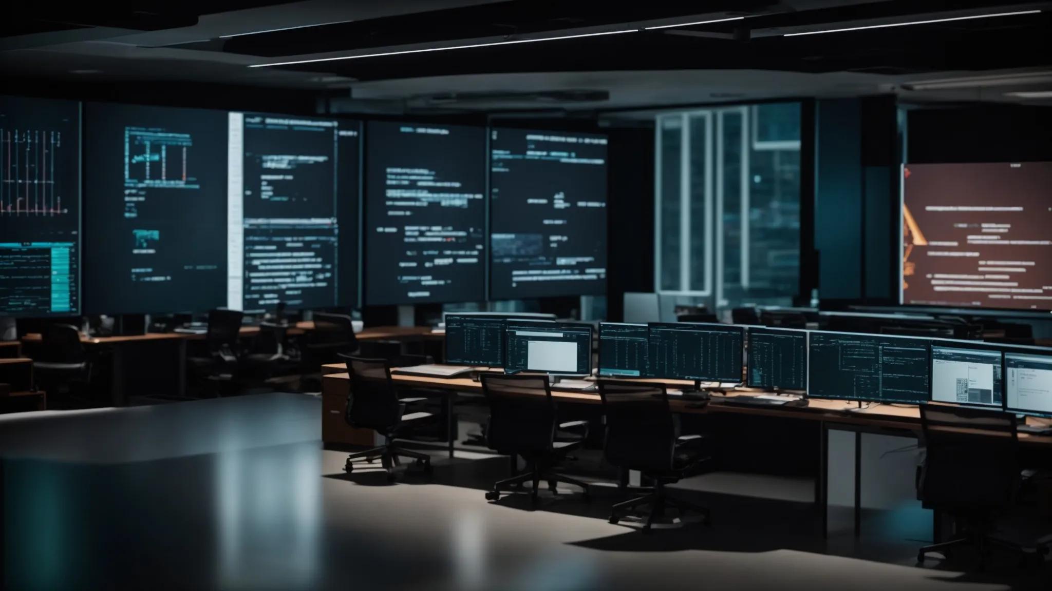 a sleek, modern office workspace featuring multiple computer screens displaying layered backup data and recovery process diagrams, illuminated by focused artificial lighting that emphasizes a sense of urgency and precision in digital asset protection.