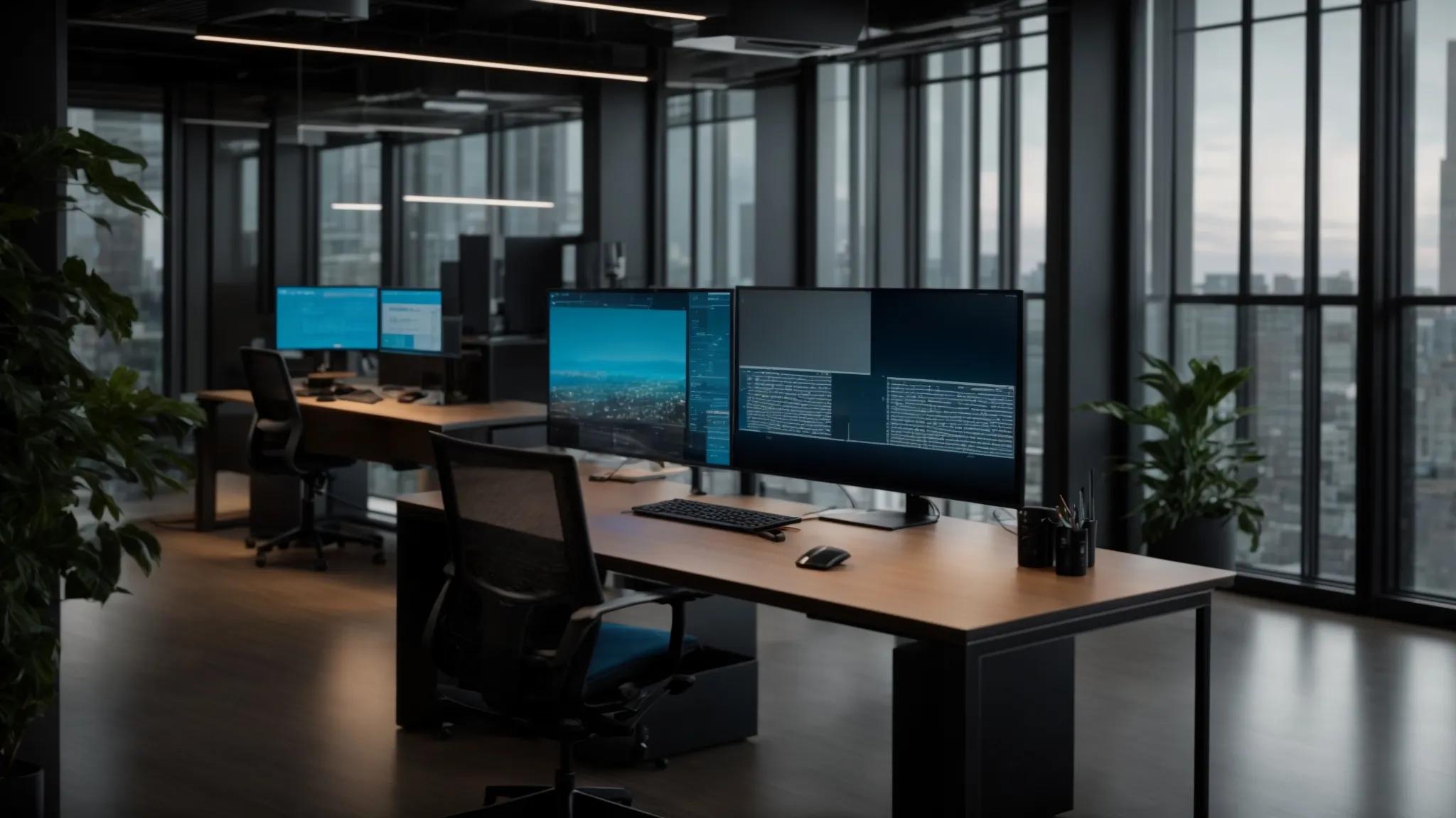 a sleek, modern office workspace illuminated by ambient lighting, featuring a high-tech computer screen displaying dropbox encrypted's user interface, emphasizing security features alongside a professional team collaborating on sensitive documents.