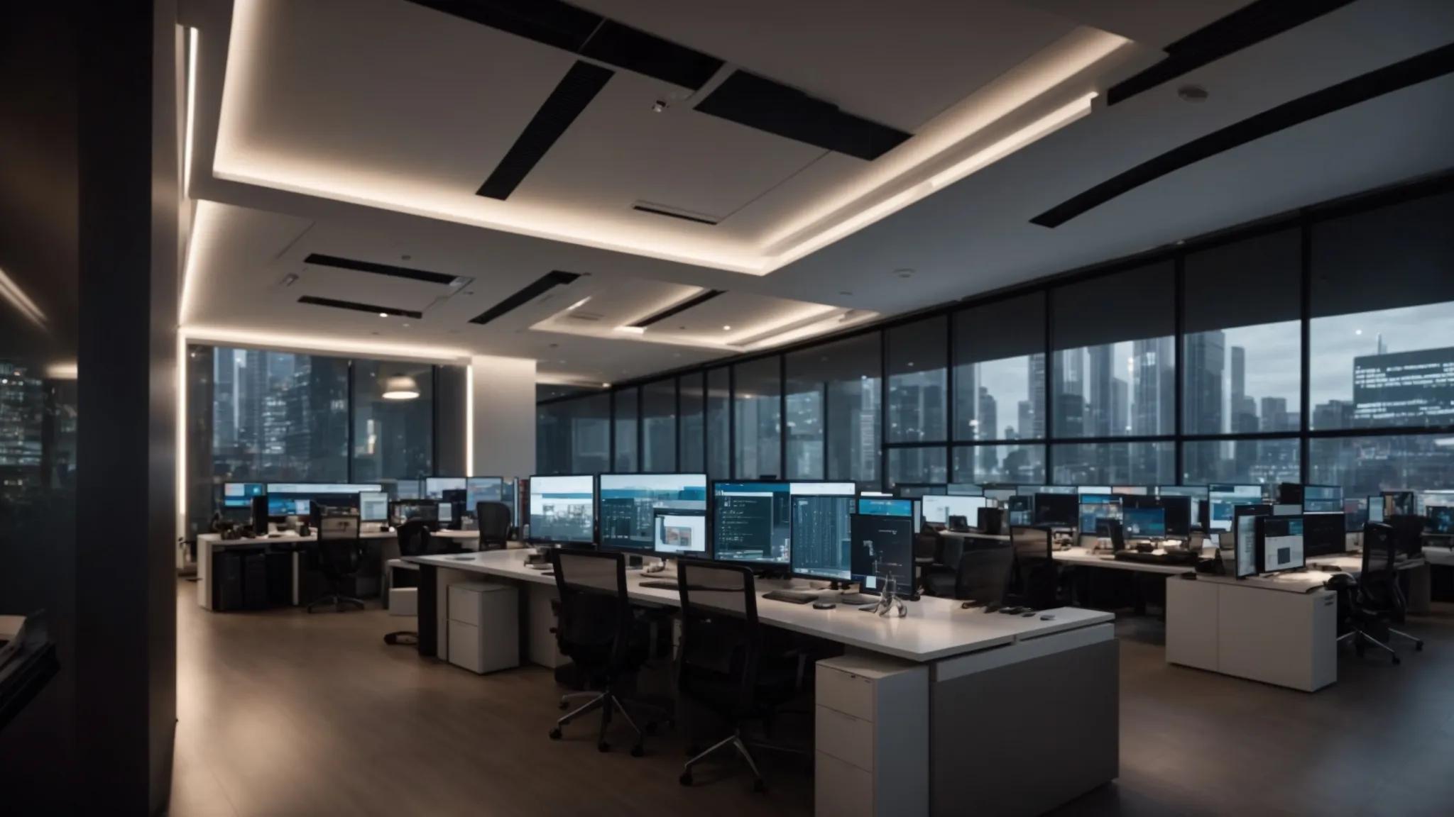 a sleek, modern office workspace showcases multiple computer screens displaying sophisticated cloud storage solutions, highlighting various features like advanced encryption, intuitive interfaces, and customization options, with soft ambient lighting accentuating the futuristic technology.