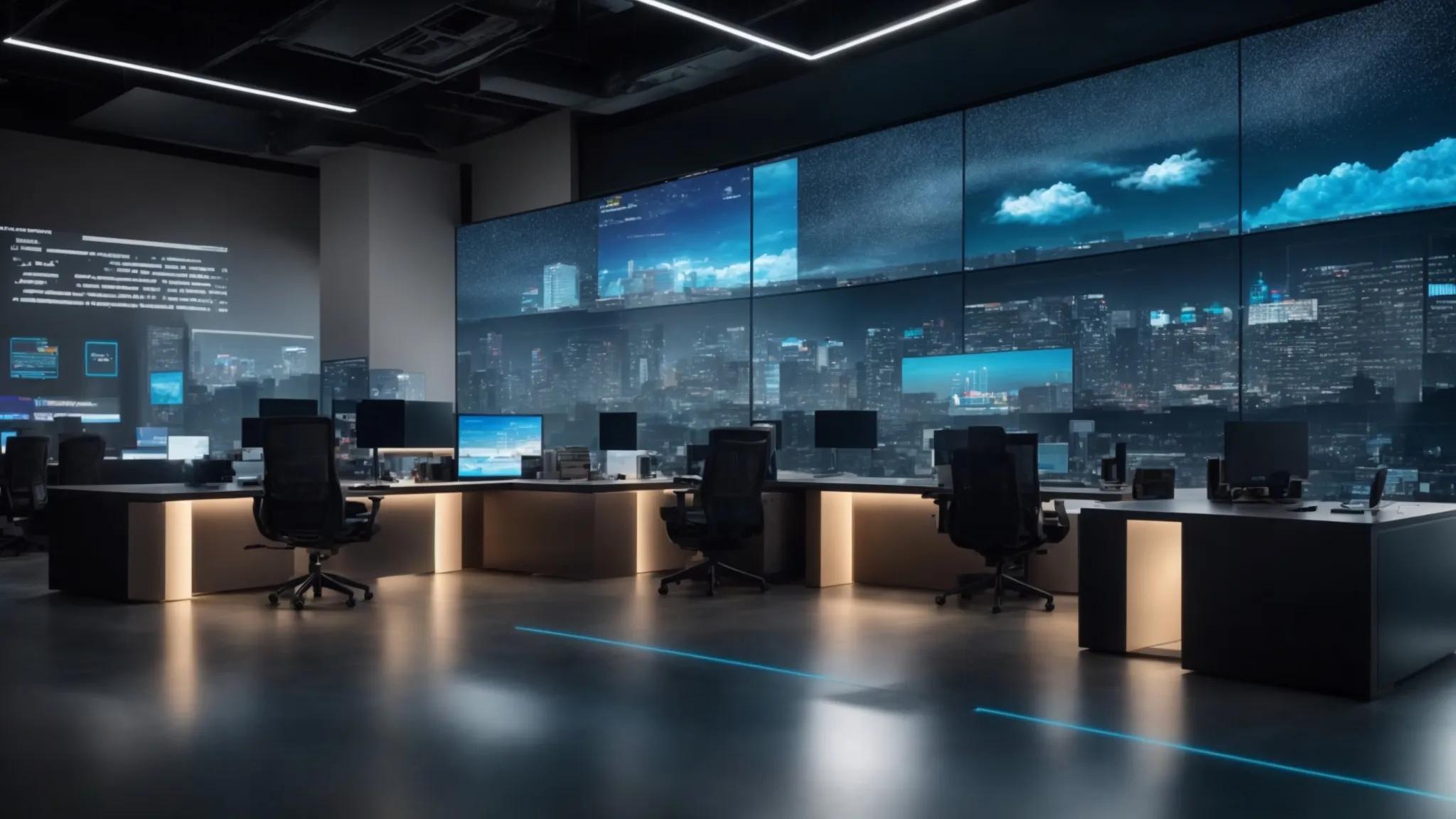 a sleek, modern office workspace showcases a large digital screen displaying various cloud storage services' interfaces, with futuristic holographic security icons hovering above, emphasizing tech-driven solutions for secure document management.