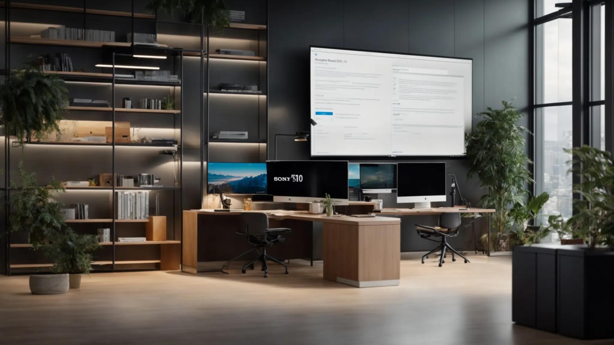 a sleek, modern office workspace showcases a large monitor displaying a vibrant, user-friendly document storage interface, highlighting an array of intuitive search options against a backdrop of diverse devices seamlessly connecting to the cloud.