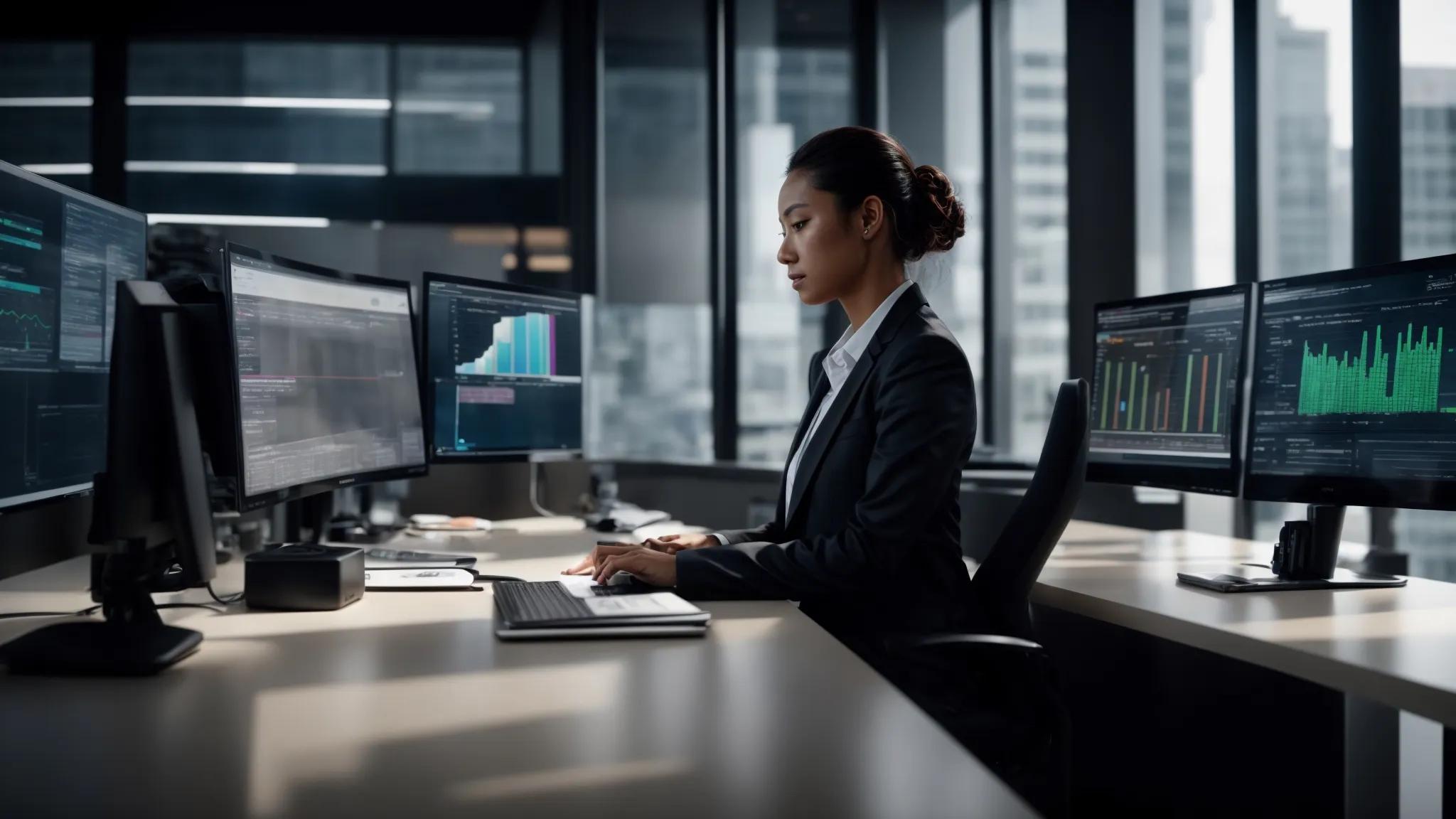 a sleek, modern office workspace showcases a confident professional reviewing critical documents on a high-tech monitor, surrounded by digital security interfaces and compliance charts that emphasize enterprise-grade security and meticulous access control.
