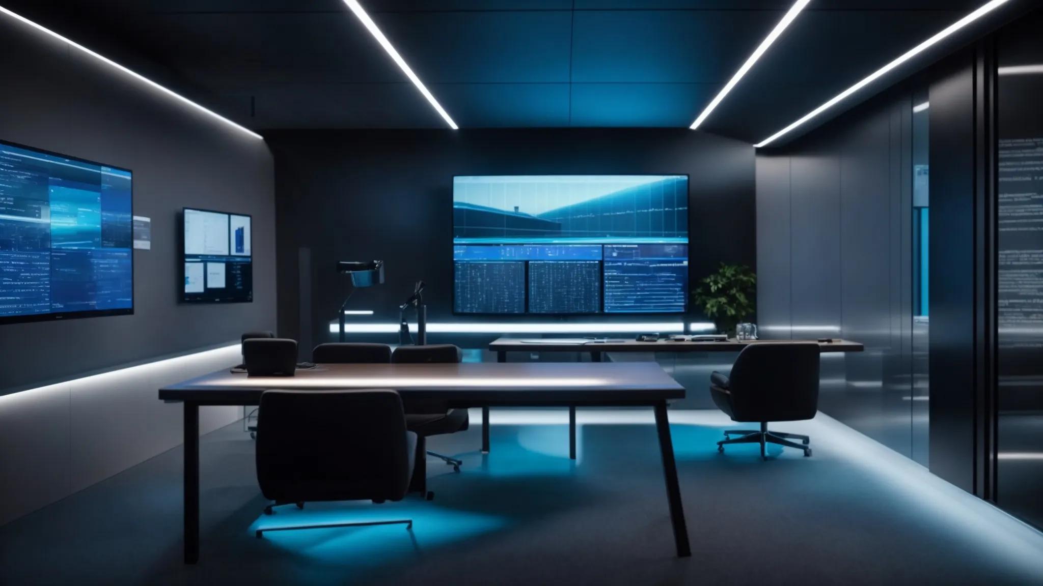 a sleek, modern office workspace showcases a prominent digital screen displaying a dynamic visualization of aes-256 encryption protocols, bathed in cool blue and gray lighting to emphasize the theme of advanced data security and confidentiality.