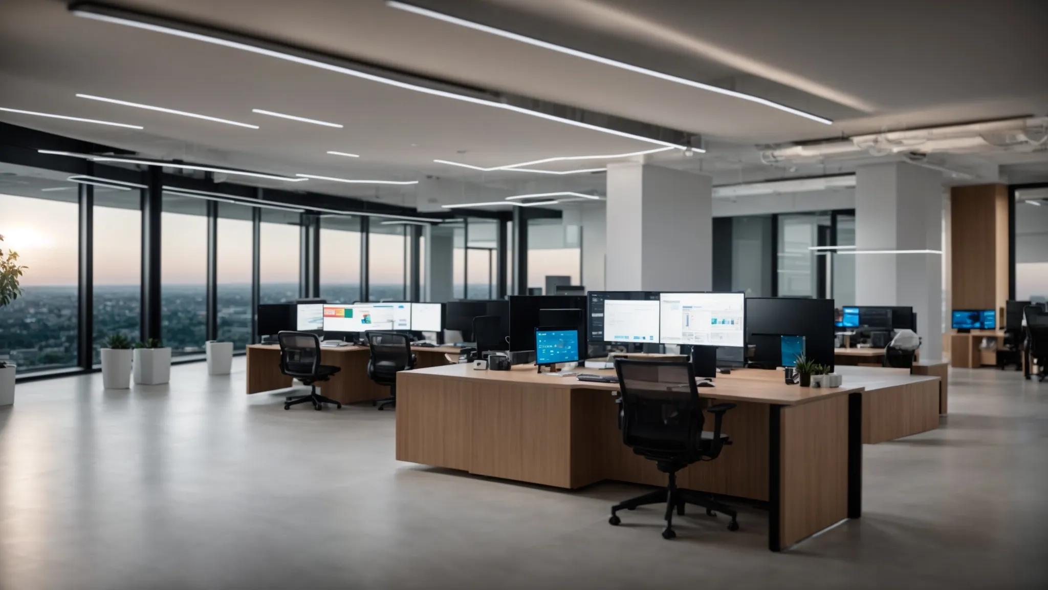 a sleek, modern office workspace with multiple computer screens displaying the nextcloud dashboard, showcasing customizable settings and security features, bathed in soft artificial lighting that emphasizes a high-tech atmosphere.