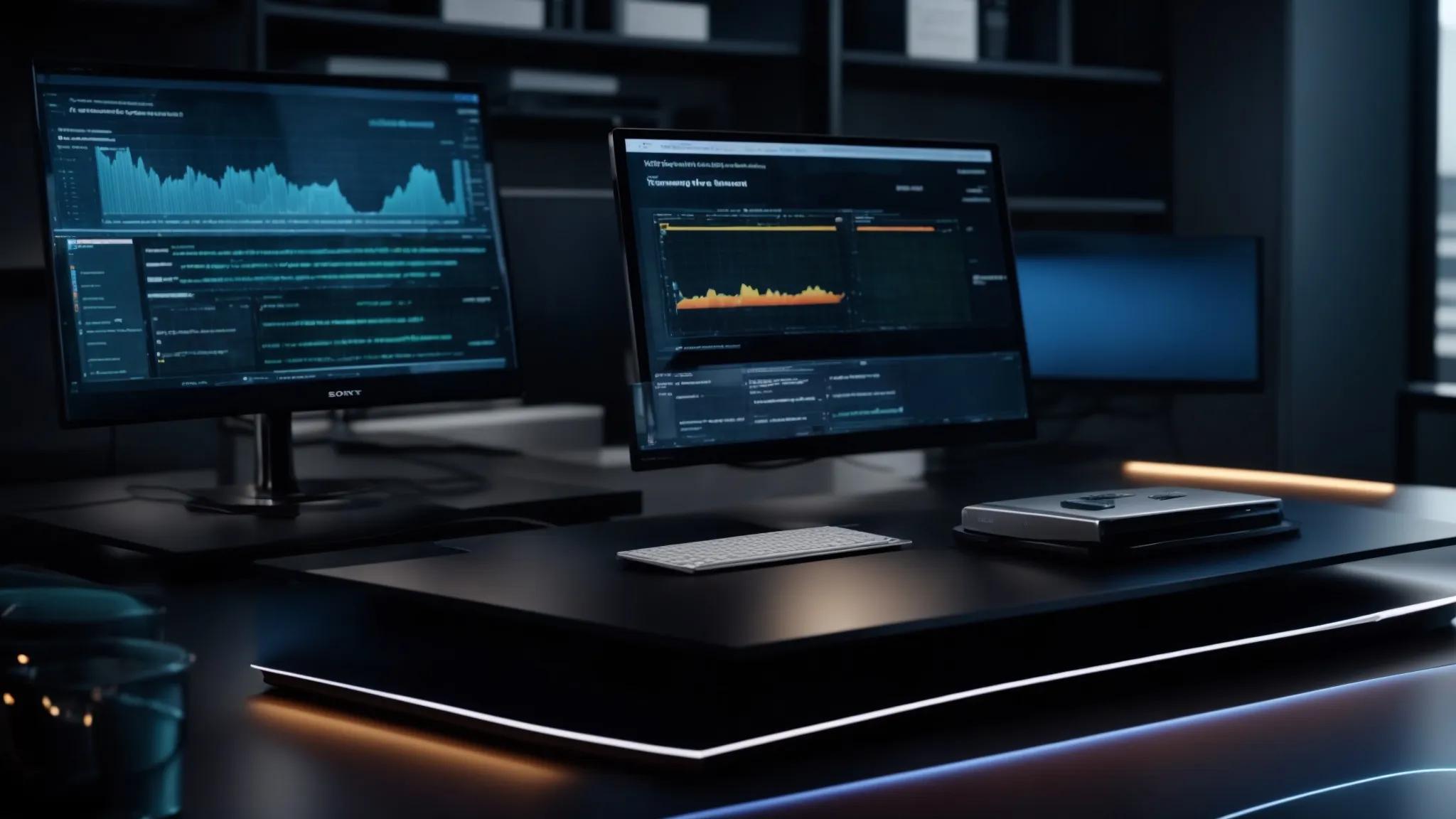 a sleek office environment showcases a modern workstation with a high-tech external hard drive prominently featuring a digital lock icon, surrounded by glowing encryption software graphics, emphasizing the importance of local encryption backup methods for securing sensitive documents.