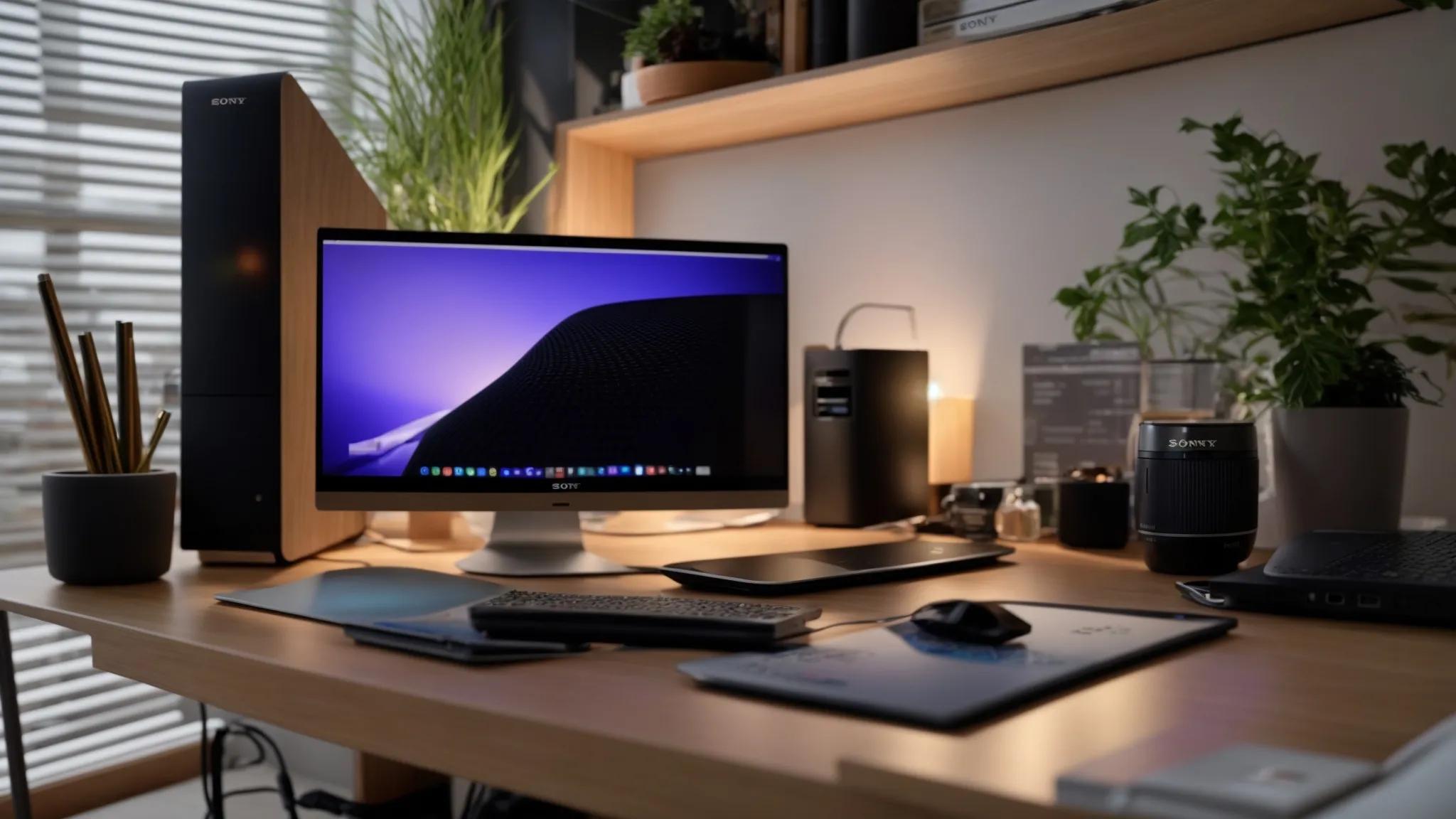 a well-organized home office setting showcases a sleek desk with an external hard drive and a laptop, illuminated by warm, focused lighting, emphasizing the importance of data control and security in personal storage solutions.